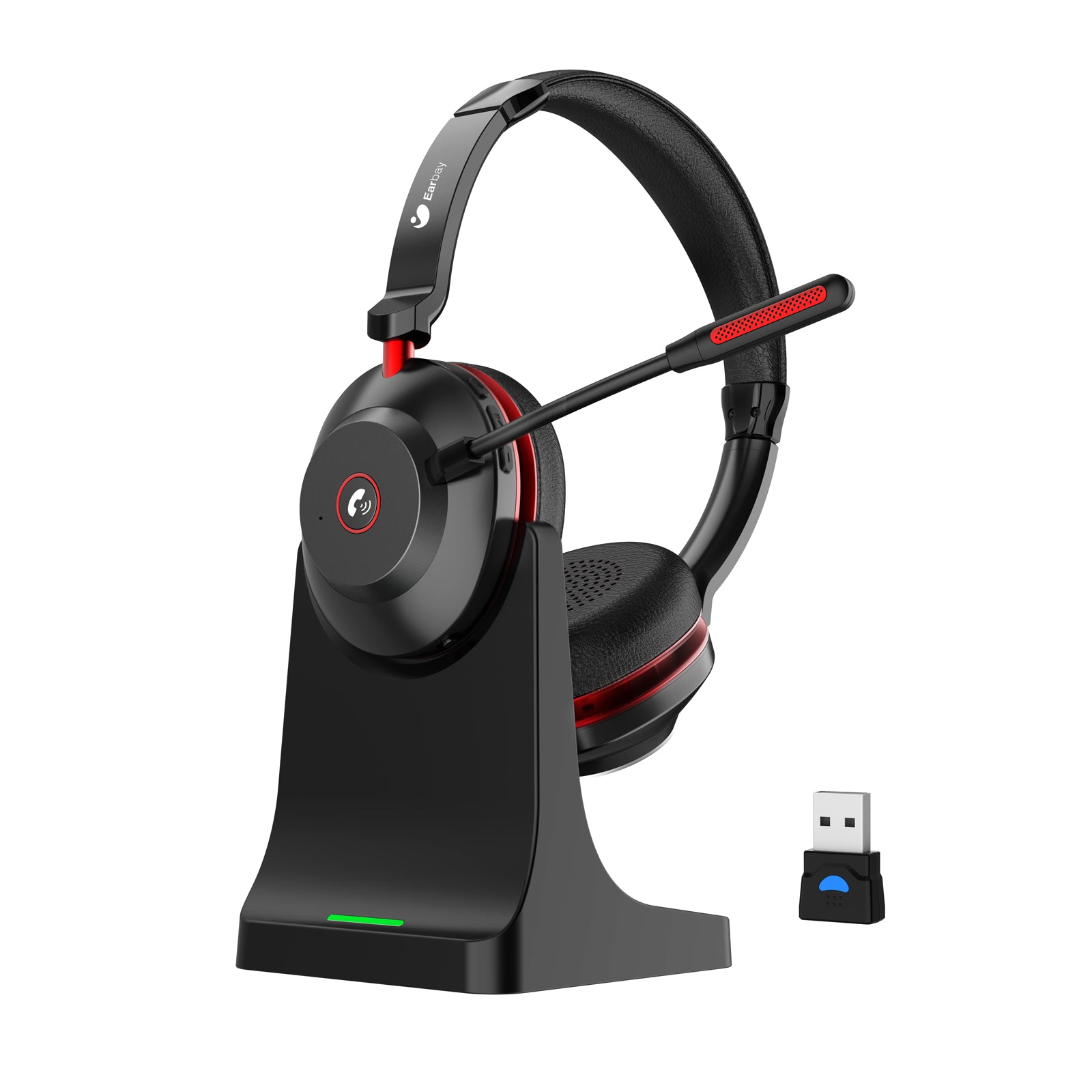 Earbay Black Red Bluetooth Headset with Microphone, USB Dongle & Charging Base (Qualcomm 3024 Chip)