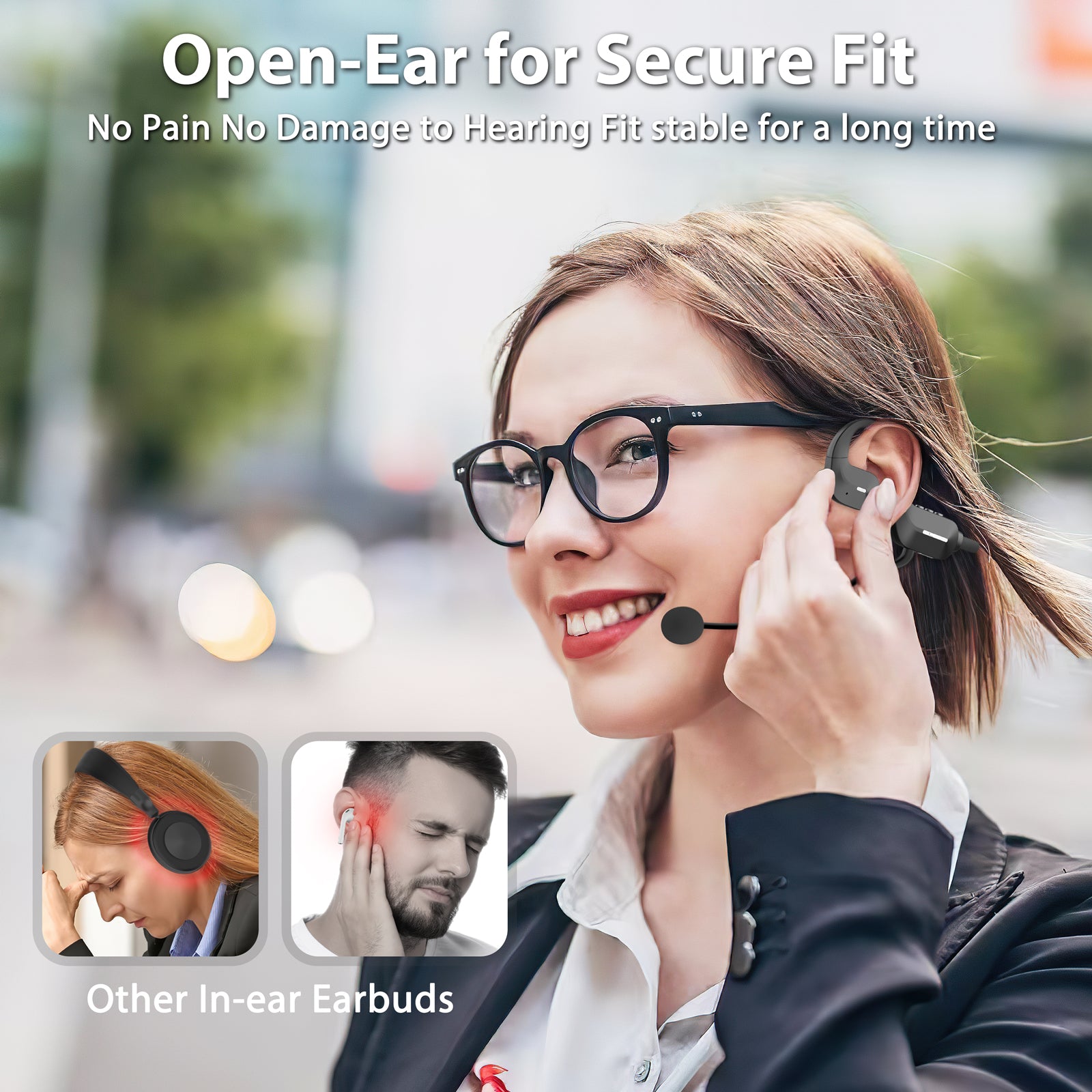 Open Ear Headphones with Mic, Bluetooth Headset with Microphone, Wireless Air Conduction Headphones with AI Noise Cancelling Mic & Mute Mode for Work, Meeting, Driving, Running, Workouts