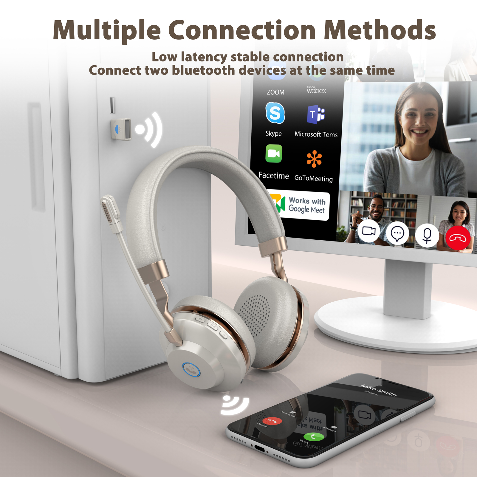 Wireless Headset, Bluetooth Headset with AI Noise Canceling Microphone & USB Dongle, 45 Hrs Working Time V5.3 Wireless Headphones with Mic Mute for Phone/Laptop/Computer/Remote Work/Teams/Zoom