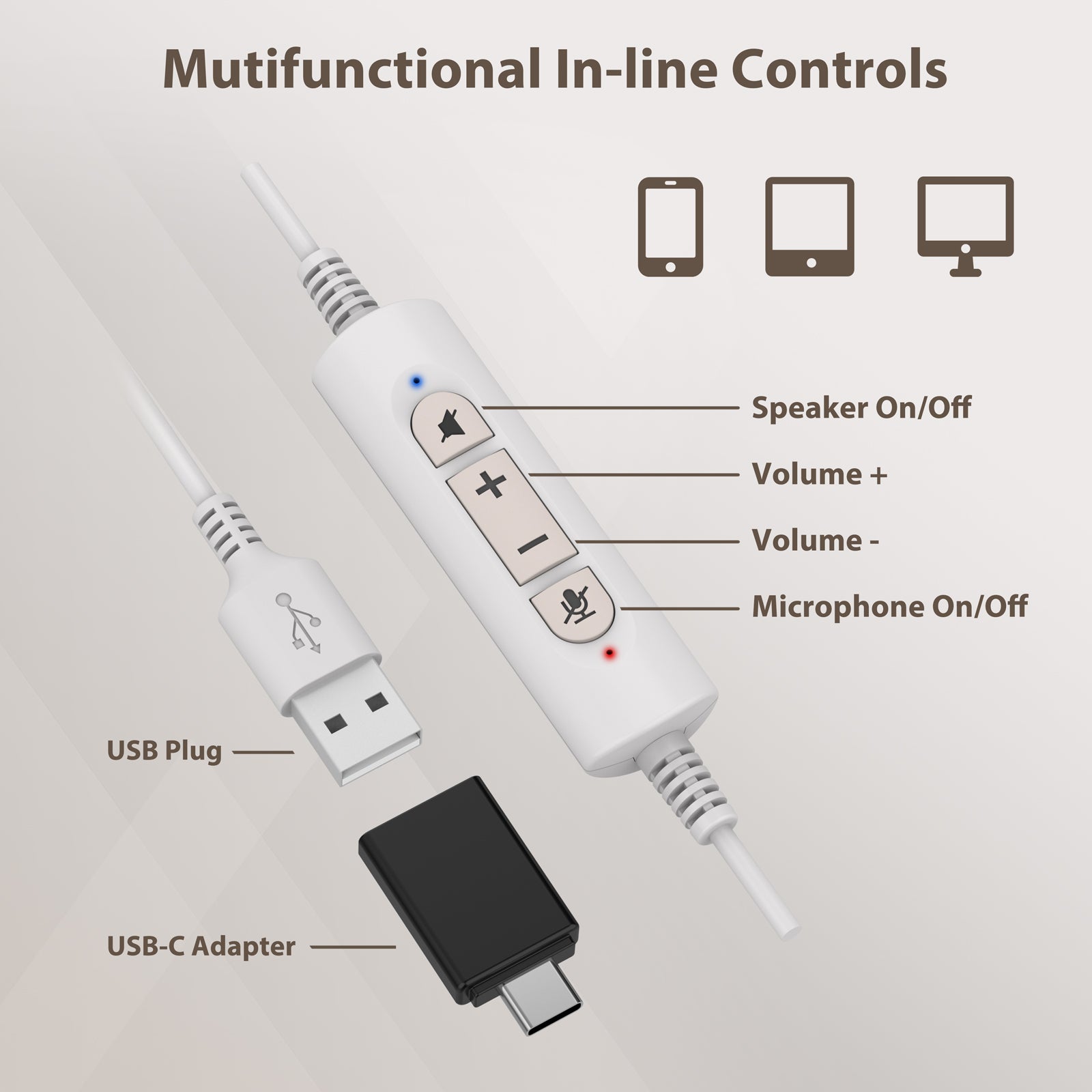 Mutifunctional in-line controls,Speaker on/off,Volume+,Volume-,Microphone on/off,USB plug,USB-C adapter.
