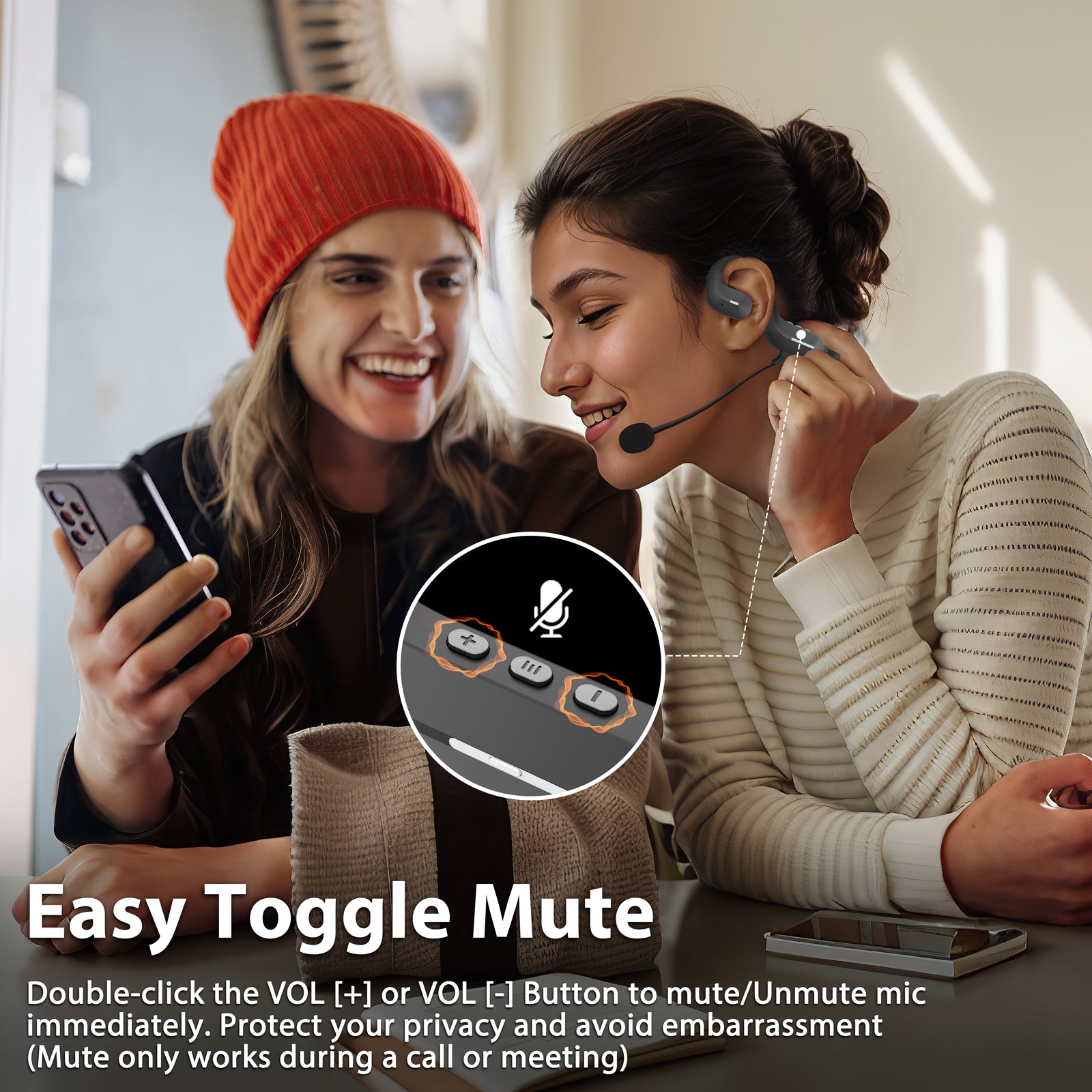 Open Ear Headphones with Mic, Bluetooth Headset with Microphone, Wireless Air Conduction Headphones with AI Noise Cancelling Mic & Mute Mode for Work, Meeting, Driving, Running, Workouts