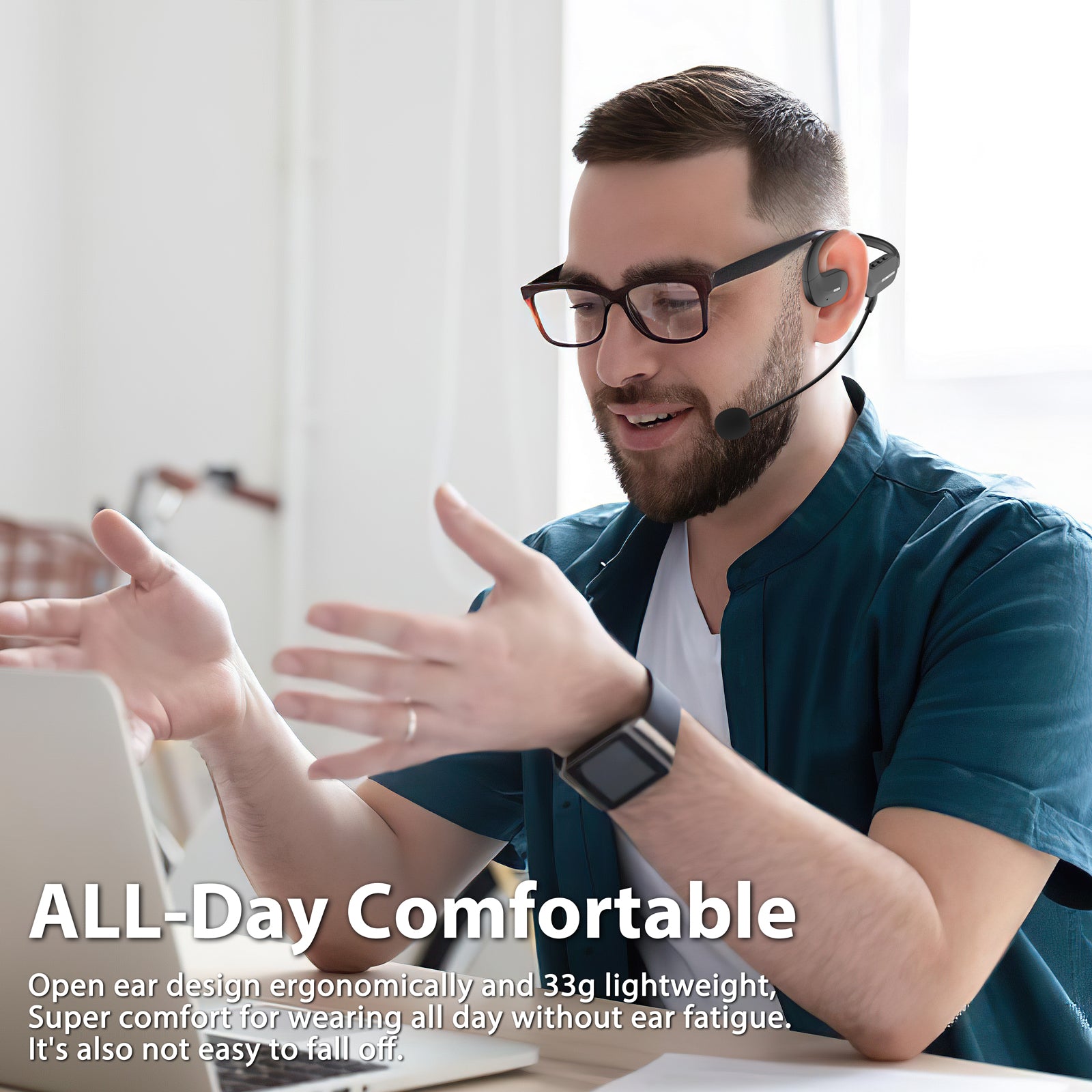 Open Ear Headphones with Mic, Bluetooth Headset with Microphone, Wireless Air Conduction Headphones with AI Noise Cancelling Mic & Mute Mode for Work, Meeting, Driving, Running, Workouts