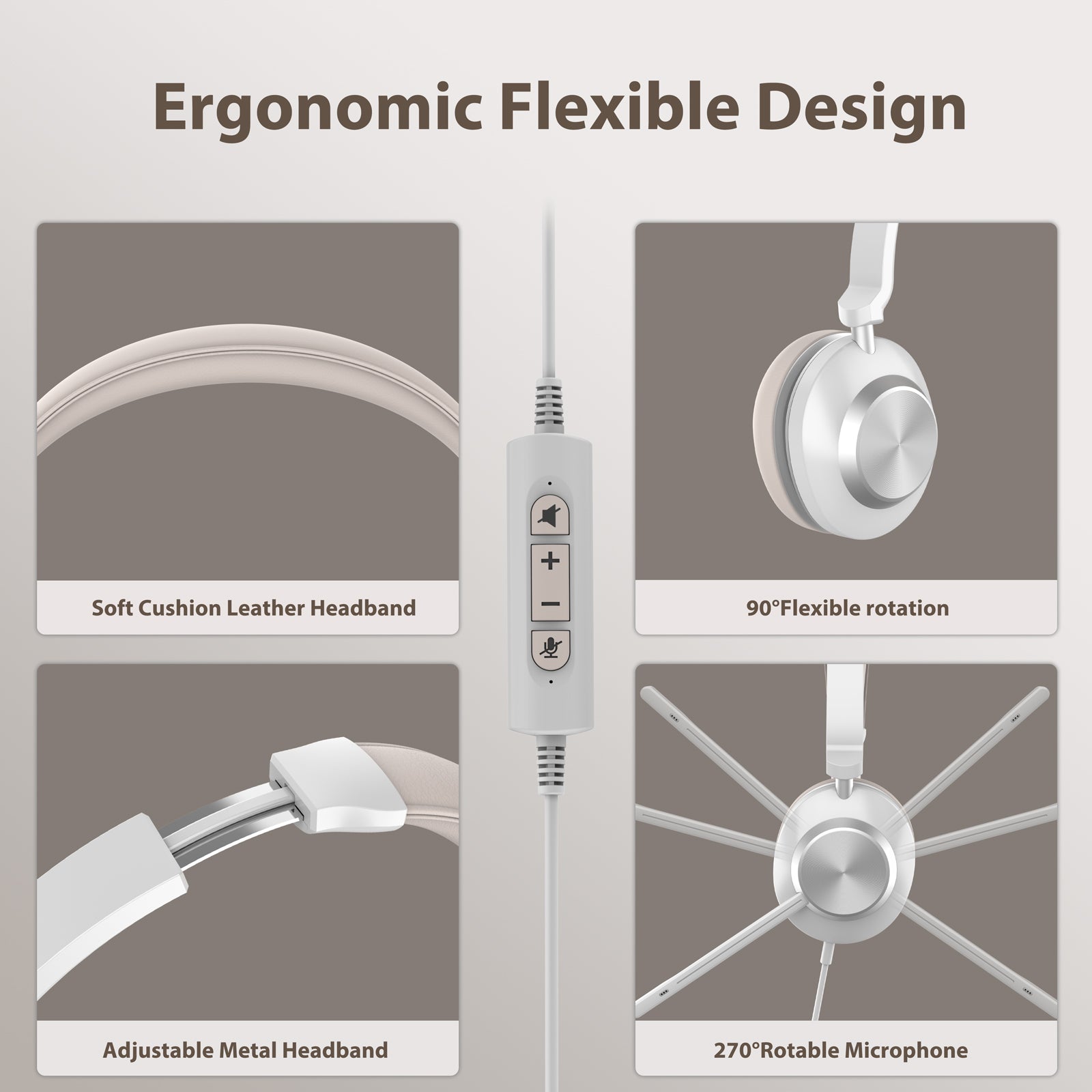Ergonomic flexible design,Soft cushion leather headband,90° flexible rotation,Adjustable metal headband,270° rotable microphone.