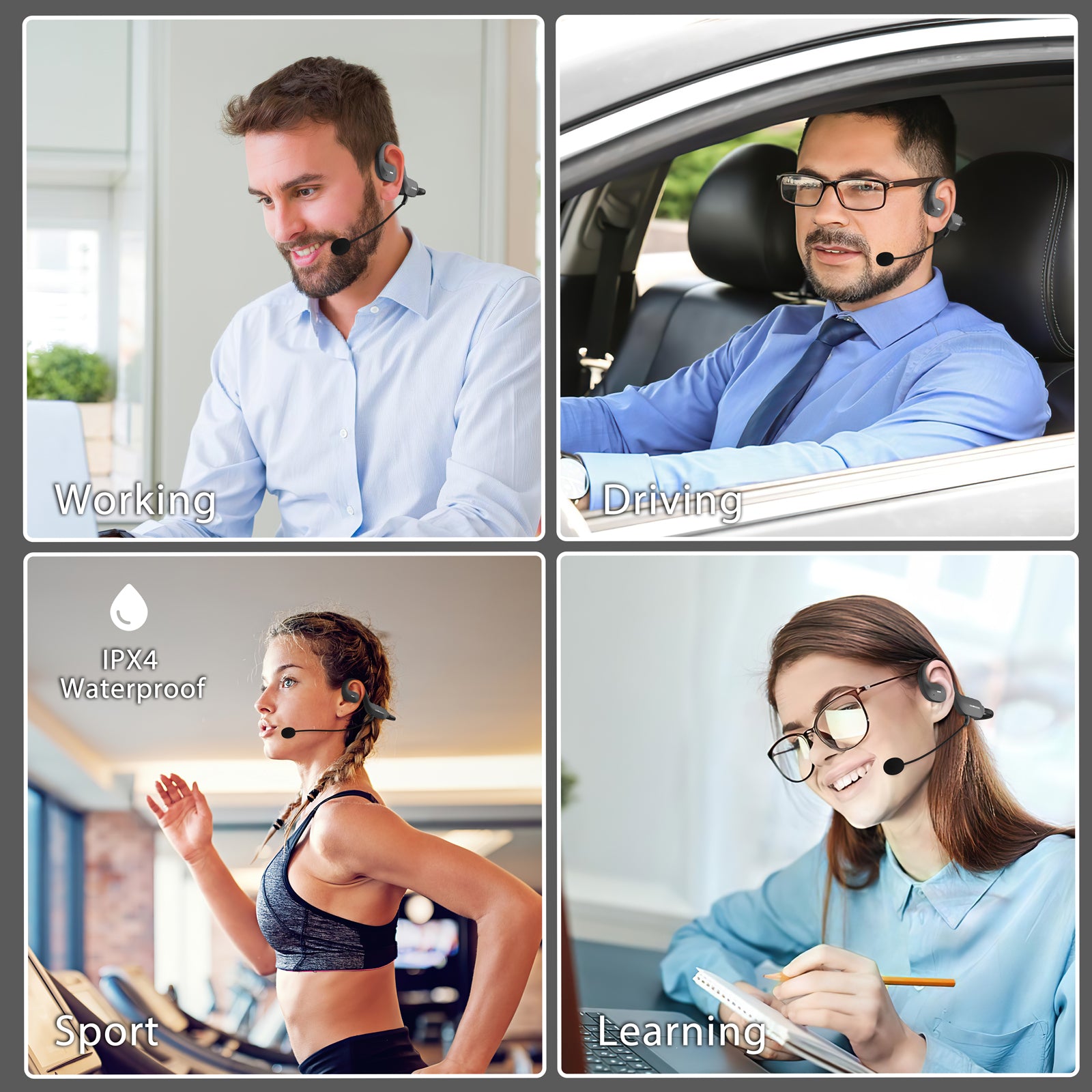 Open Ear Headphones with Mic, Bluetooth Headset with Microphone, Wireless Air Conduction Headphones with AI Noise Cancelling Mic & Mute Mode for Work, Meeting, Driving, Running, Workouts