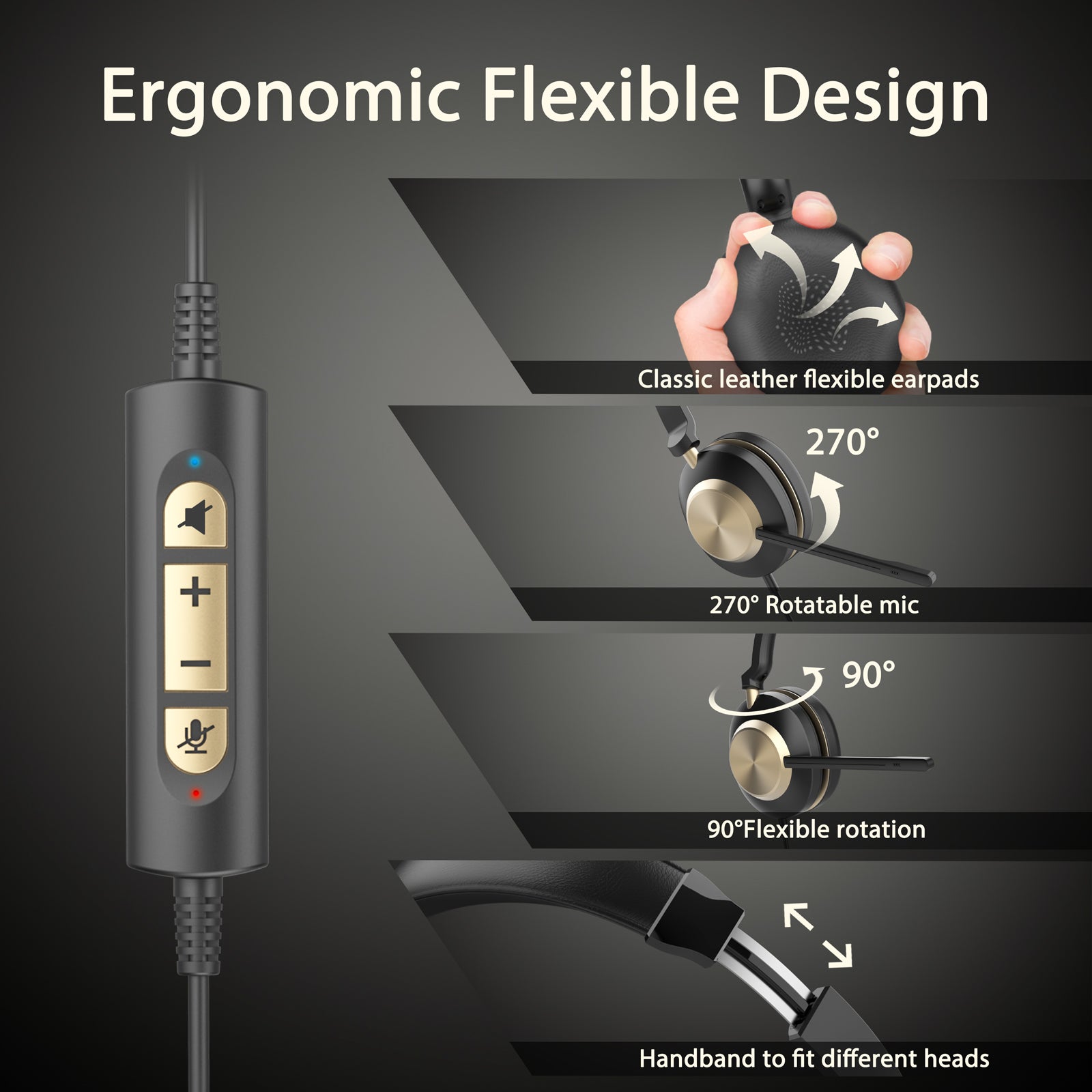 Ergonomic flexible design,Classic leather flexible earpads,270° Rotatable mic,90° Flexible rotation,Handband to fit different heads