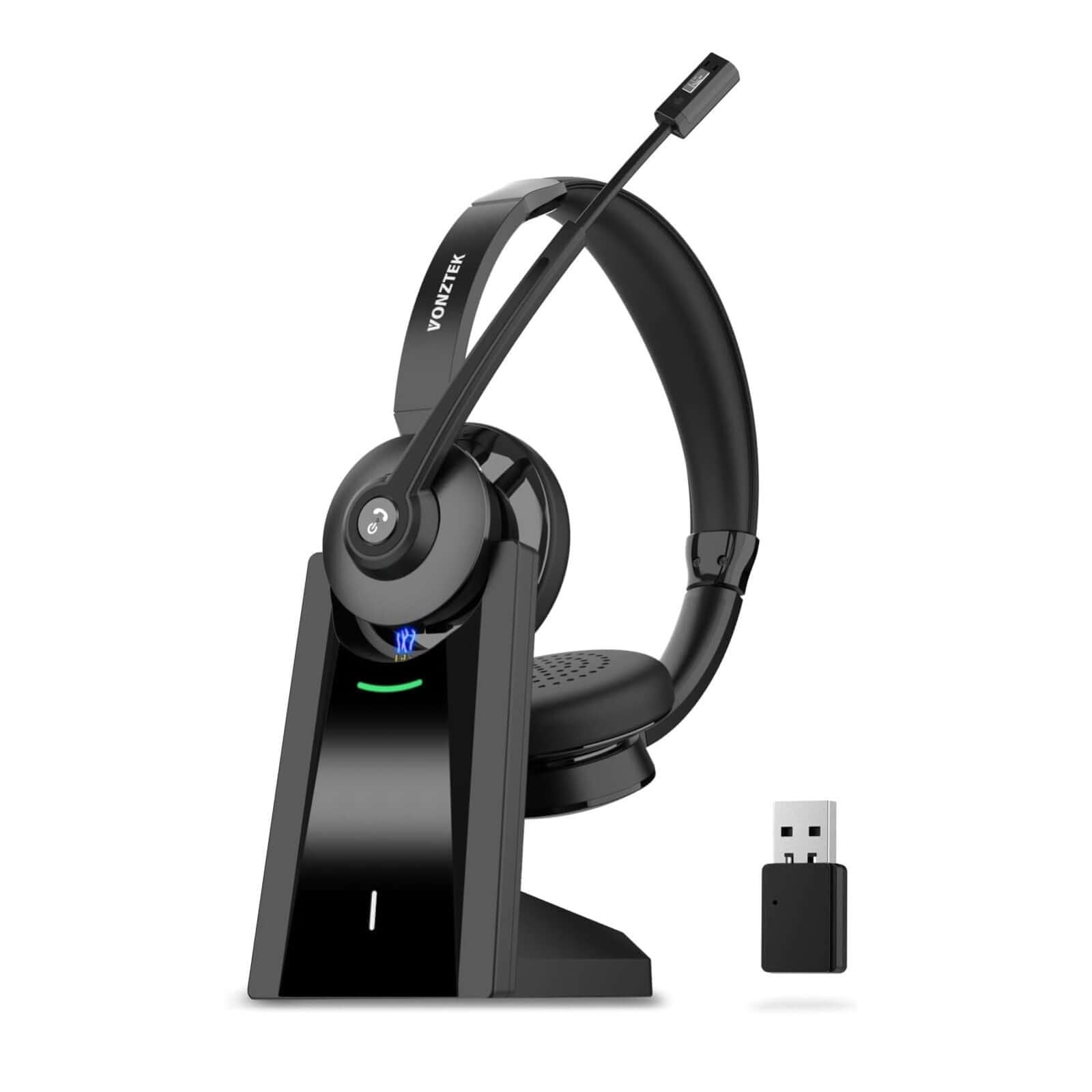 Wireless Headset,v5.3 Bluetooth Headset, Wireless Headphones with Microphone Noise Canceling, Charging Dock & Dongle, Wireless Headset with Microphone for PC,Home/Office-Black/Grey