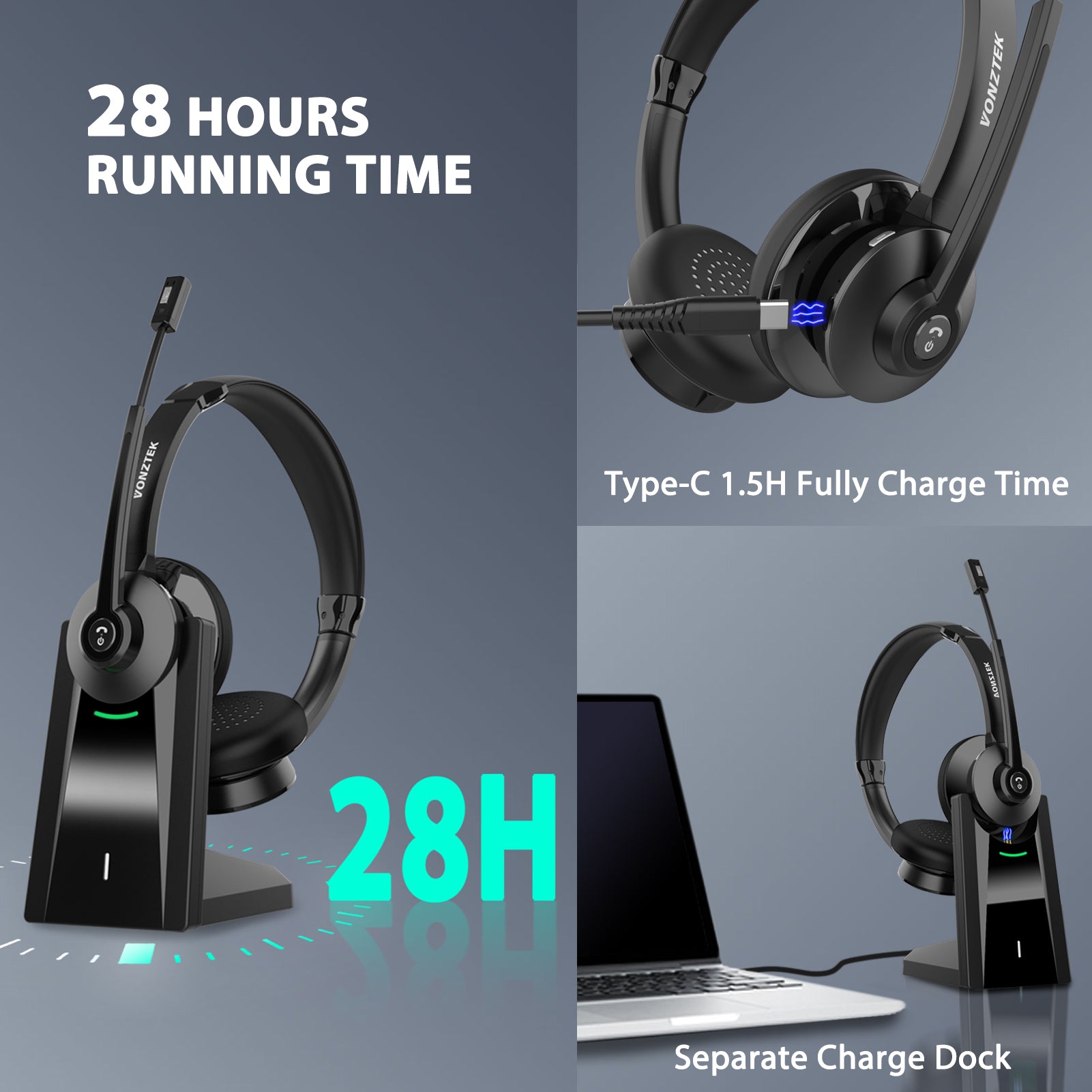 28 Hours running time,Type-C 1.5H fully charge time,separate charge dock