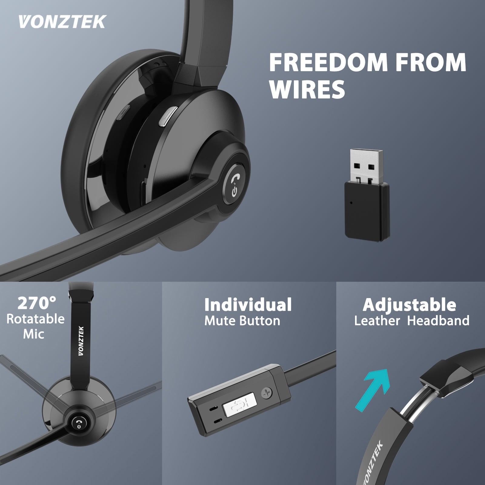 Freedom from wires,270 rotatable mic,individual mute button,Adjustable leather headband