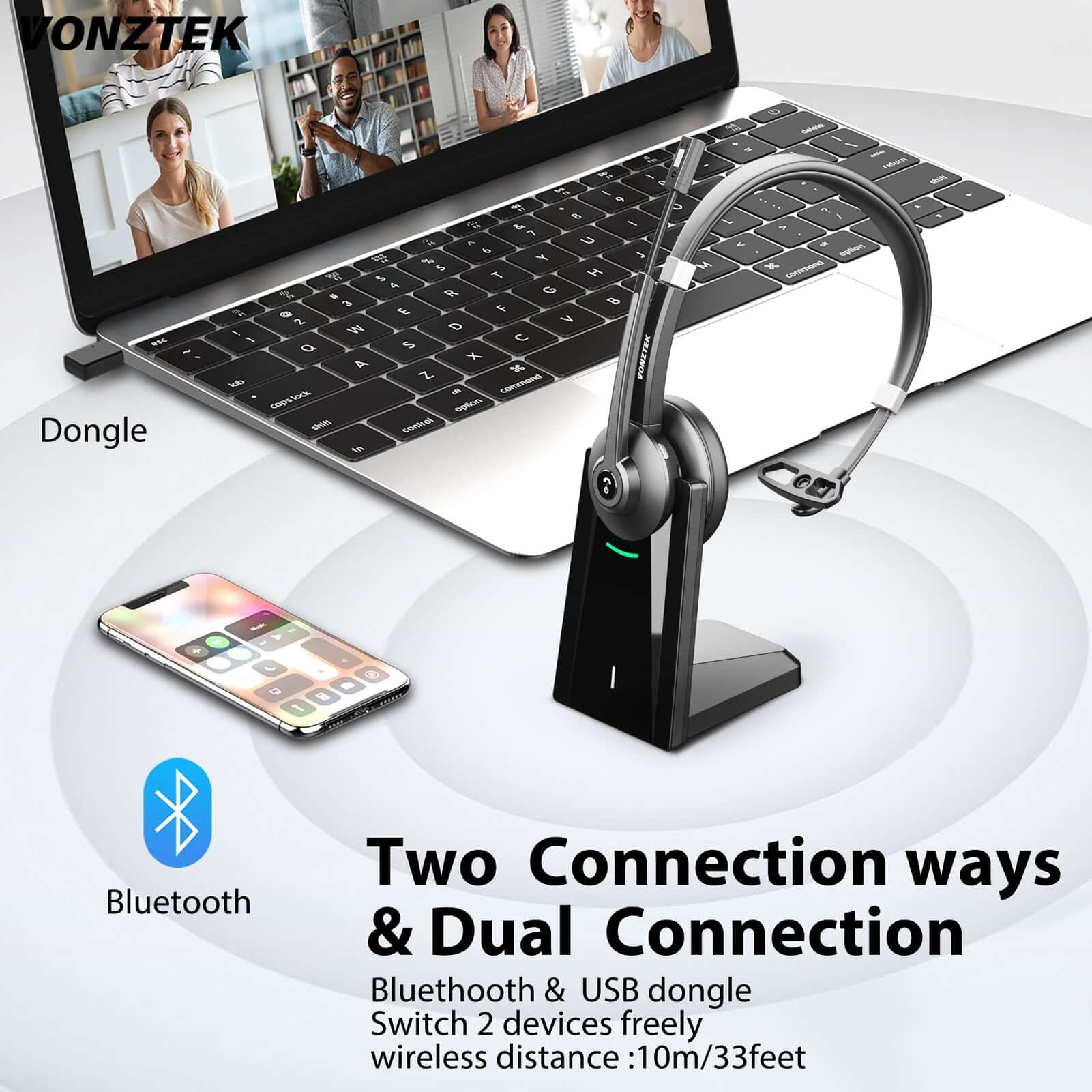 Two connection ways & dual connection,Bluetooth & USB dongle switch 2 devices freely wireless distance:10m/33 feet.