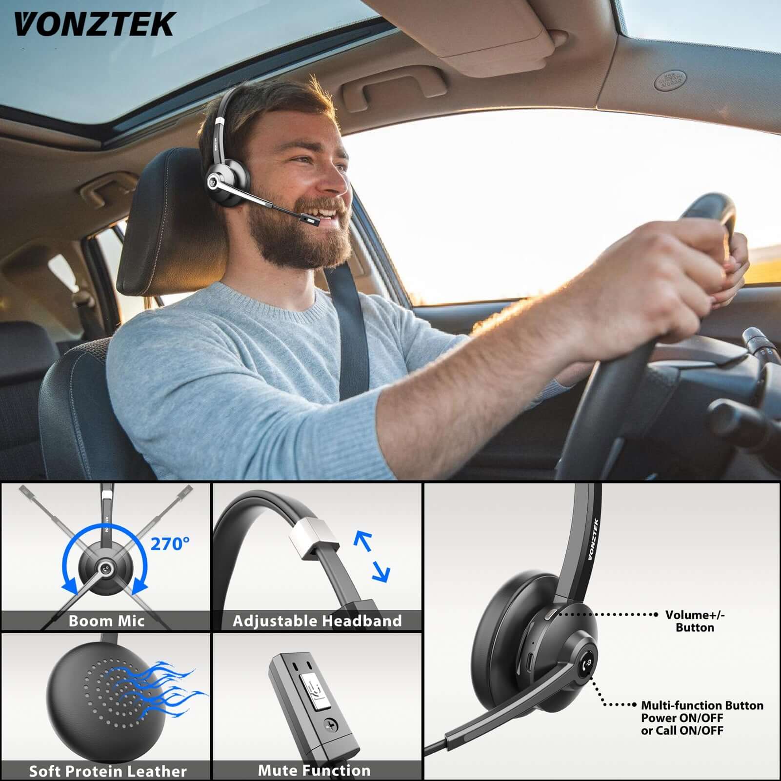 270Ā° Boom mic, Adjustable Headband,Soft protein leather, Mute function.