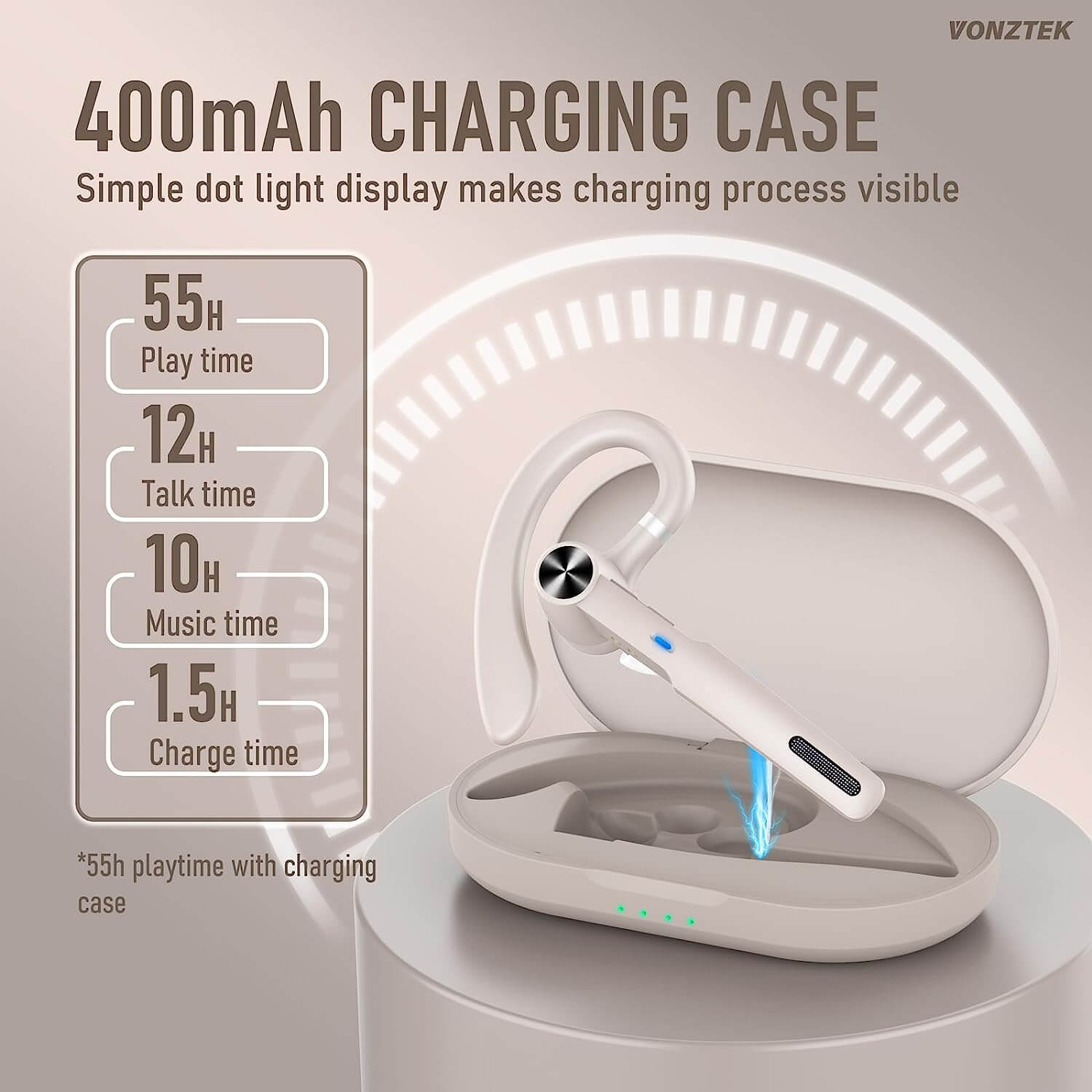 400mah charging case,Simple dot light display makes charging process visible,55H play time,12H talk time,10H music time,1.5H charge time.