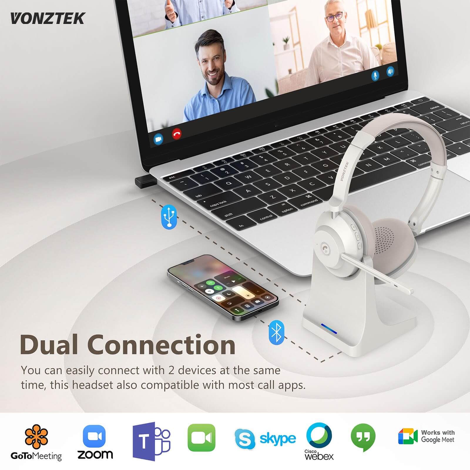 Dual connection,You can easily connect with 2 devices at the same time,this headset also compatible with most call apps,Gotomeeting,Zoom,Skype,Webex,Works with google meet.