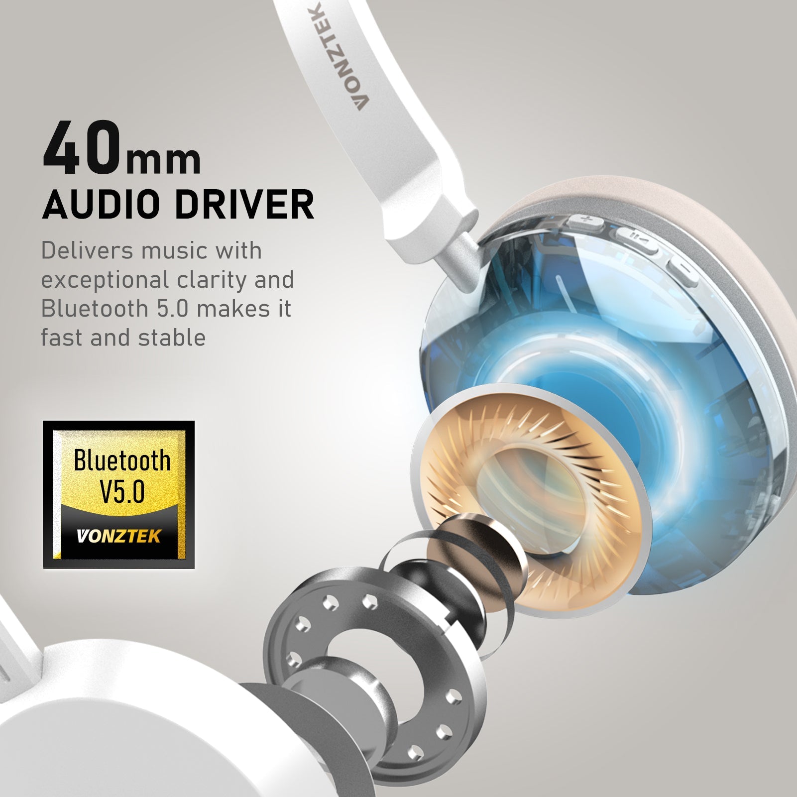 40mm Audio driver,Delivers music with exceptional clarity and bluetooth 5.0 makes it fast and stable,Bluetooth V5.0.
