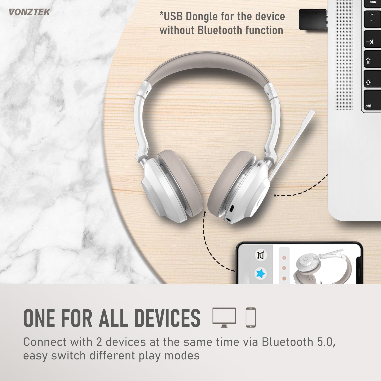 One for all devices,Connect with 2 devices at the same time via bluetooth 5.0,Easy switch different play modes,USB dongle for the device without bluetooth function.
