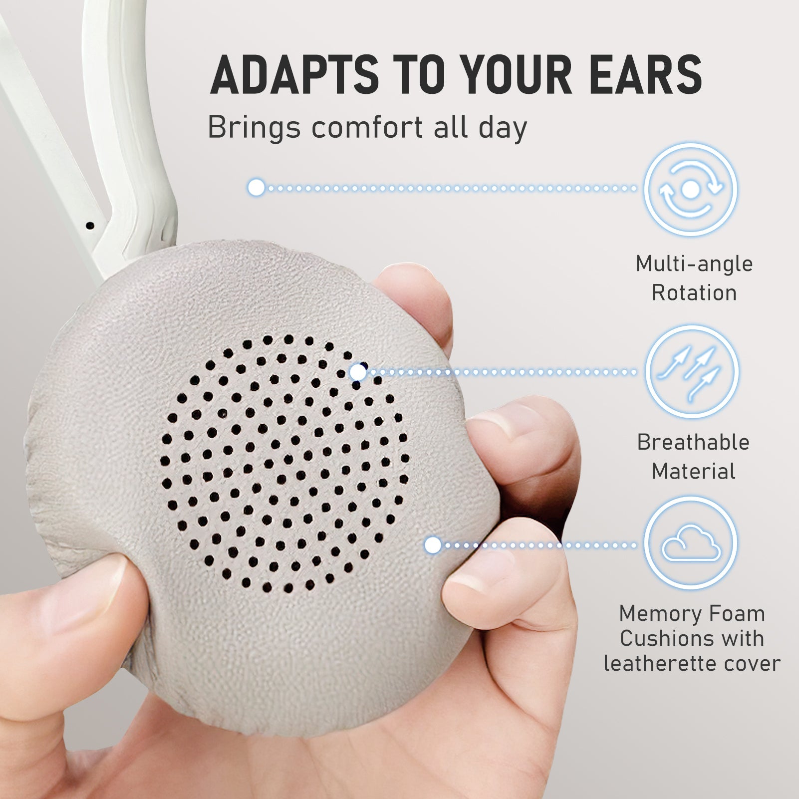 Adapts to your ears,Brings comfort all day,Multi-angle rotation,Breathable material,Memory foam cushions with leatherette cover.