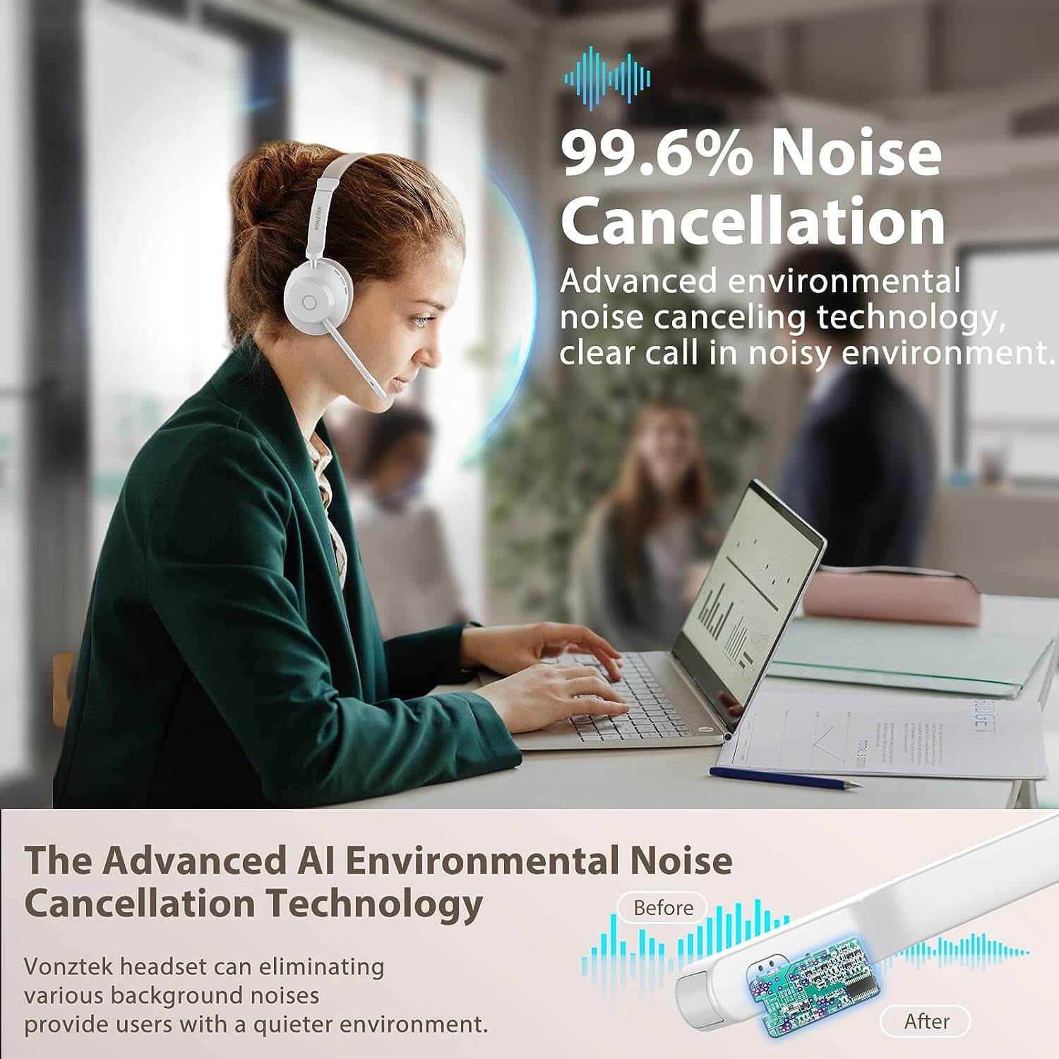 99.6% Noise cancellation,Advanced environmental noise canceling technology,Clear call in noisy environment,The advanced ai environmental noise cancellation technology,Vonztek headset can eliminating various background noises provide users with a quieter environment,