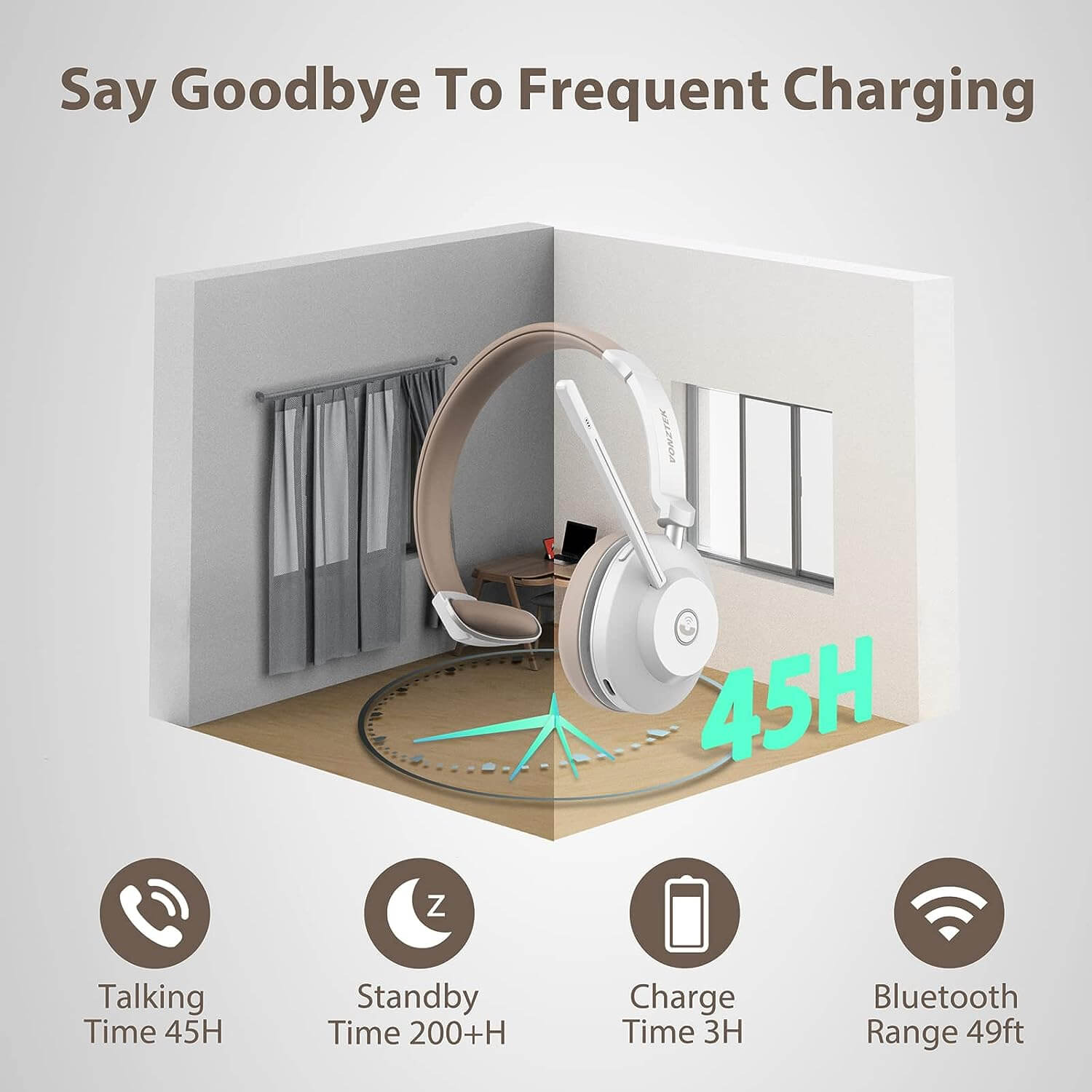 Say goodbye to frequent charging,Talking time 45H,Standby time 200+H,Charge time 3H, Bluetooth range 49ft.