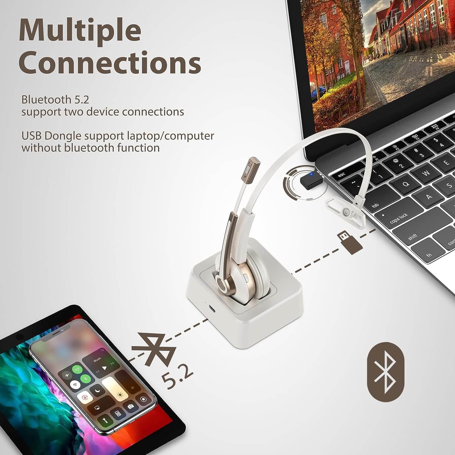 Multiple connections,Bluetooth 5.2 support two device connections,USB dongle support laptop/computer without bluetooth function.