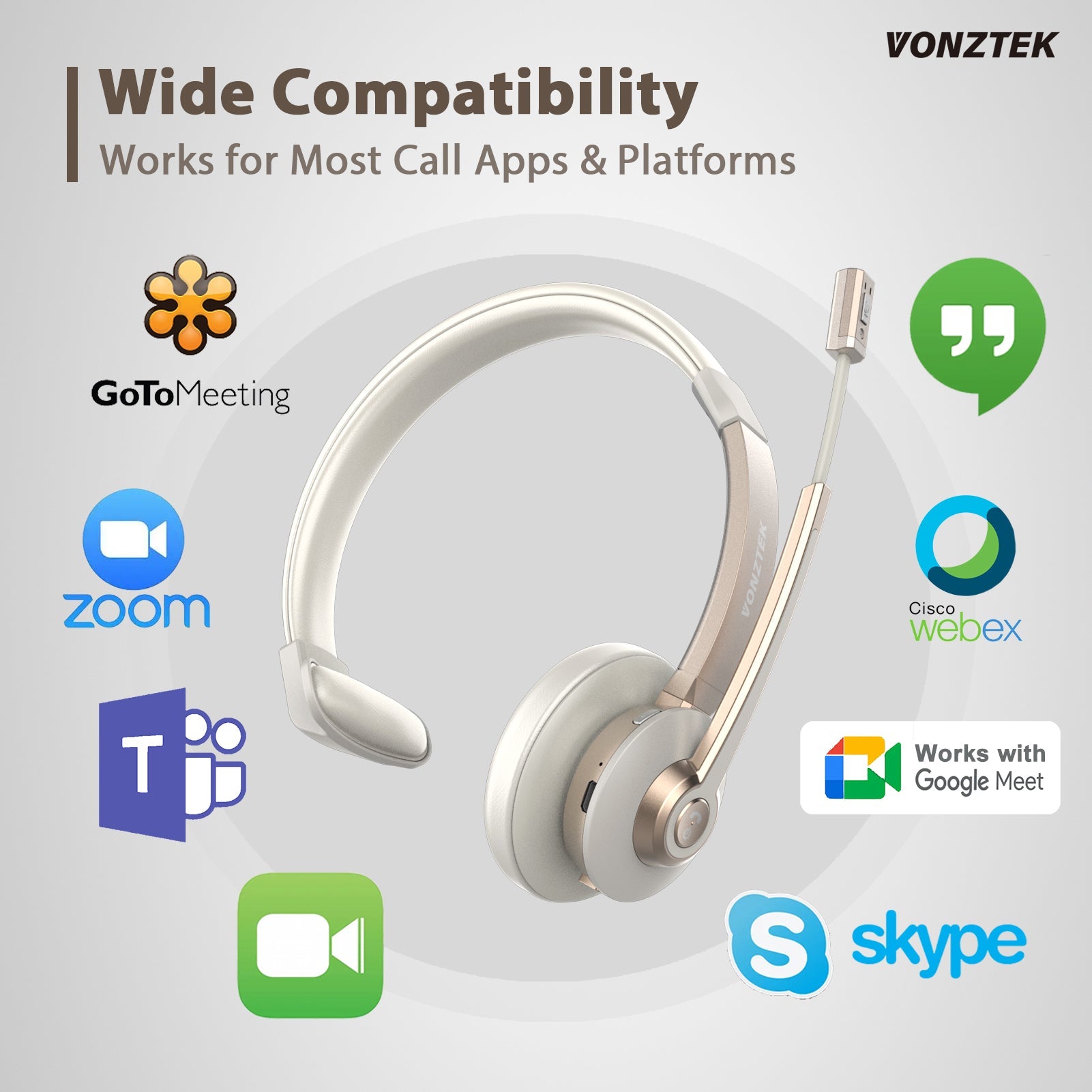 Wide compatibility,Works for most call Apps & platforms,Goto meeting,Zoom,Webex,Works with google meet,Skype.