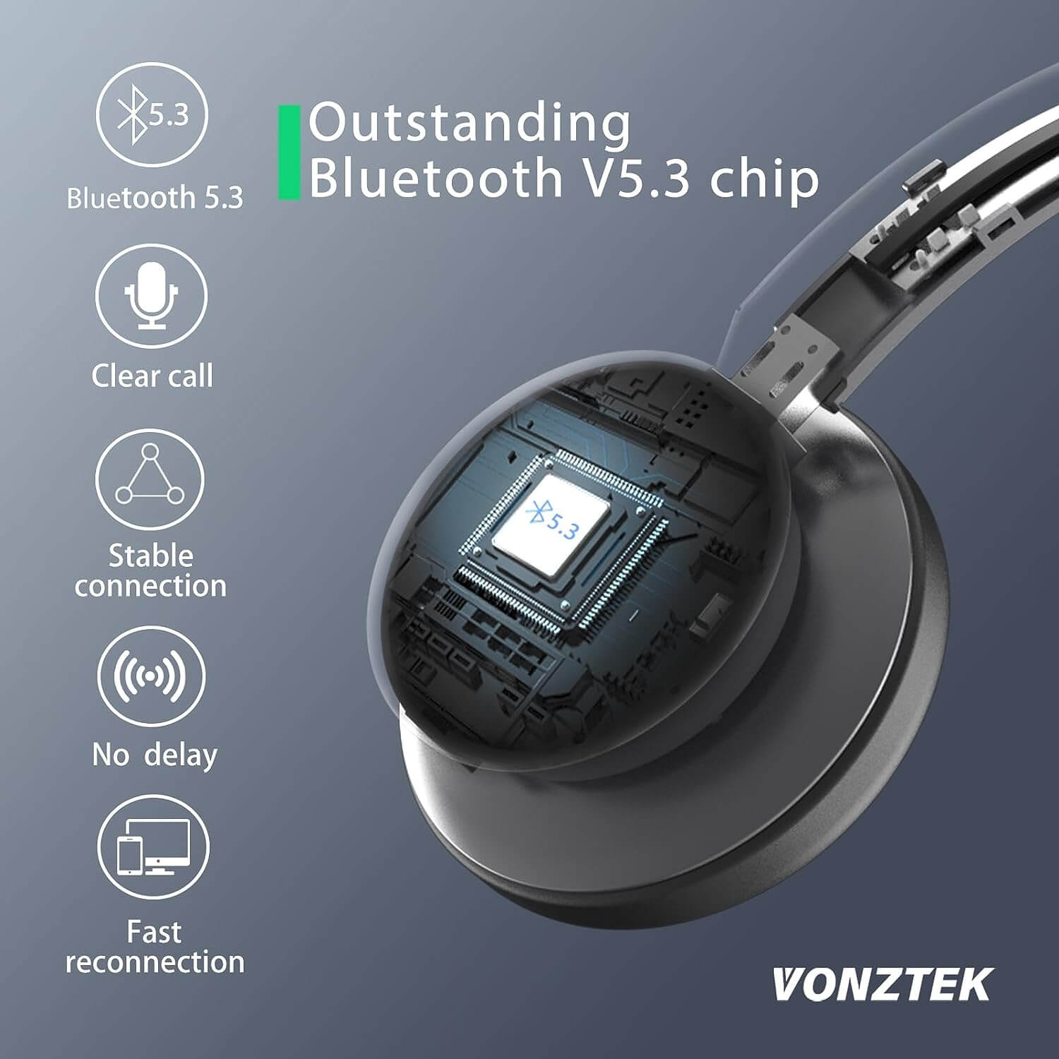 Outstanding bluetooth V5.3 chip,Bluetooth 5.3,Clear call,Stable connection,No delay,Fast reconnection.