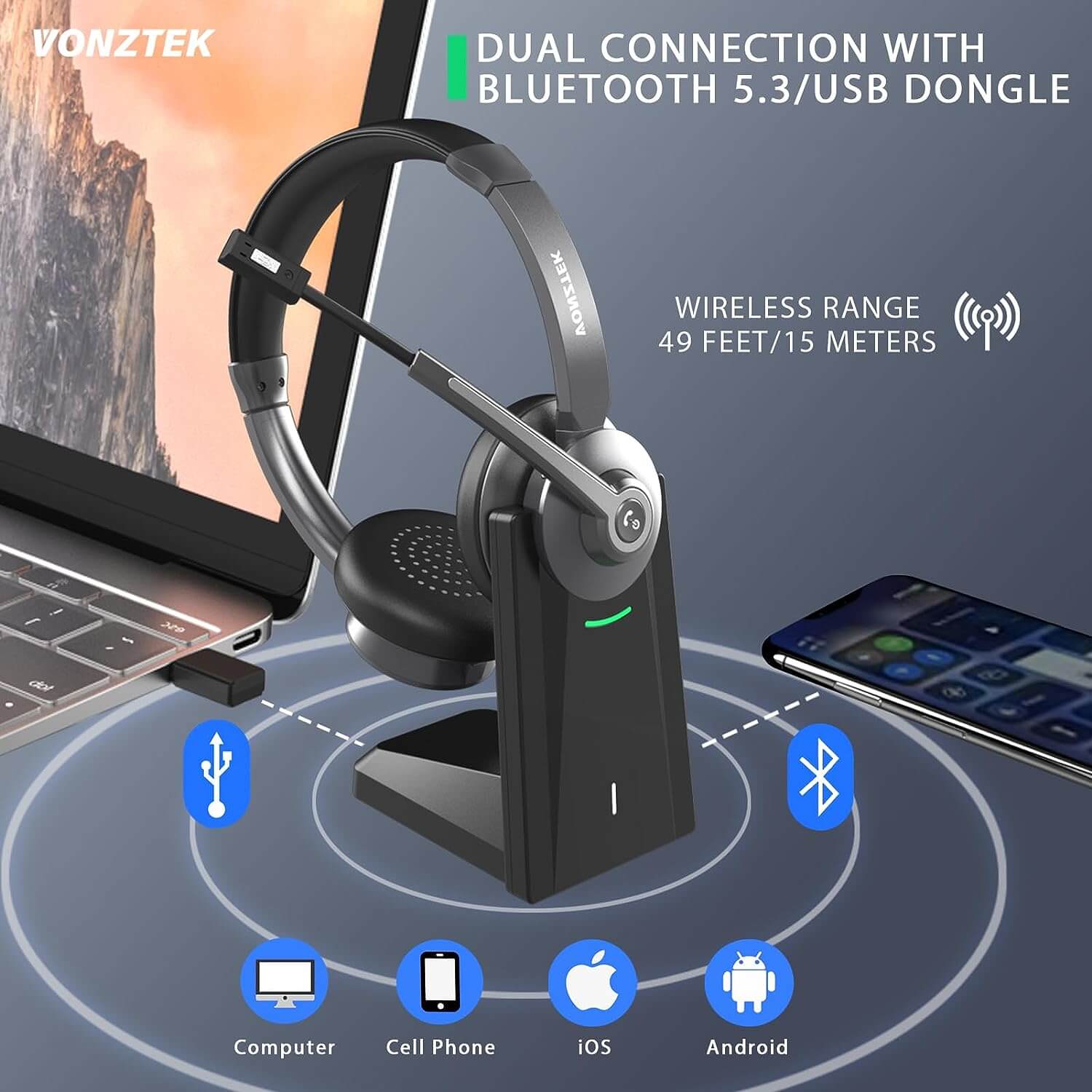Dual connection with bluetooth 5.3/USB dongle,Wireless range 49 Feet/15 meters,Computer,Cell phone,IOS,Android.