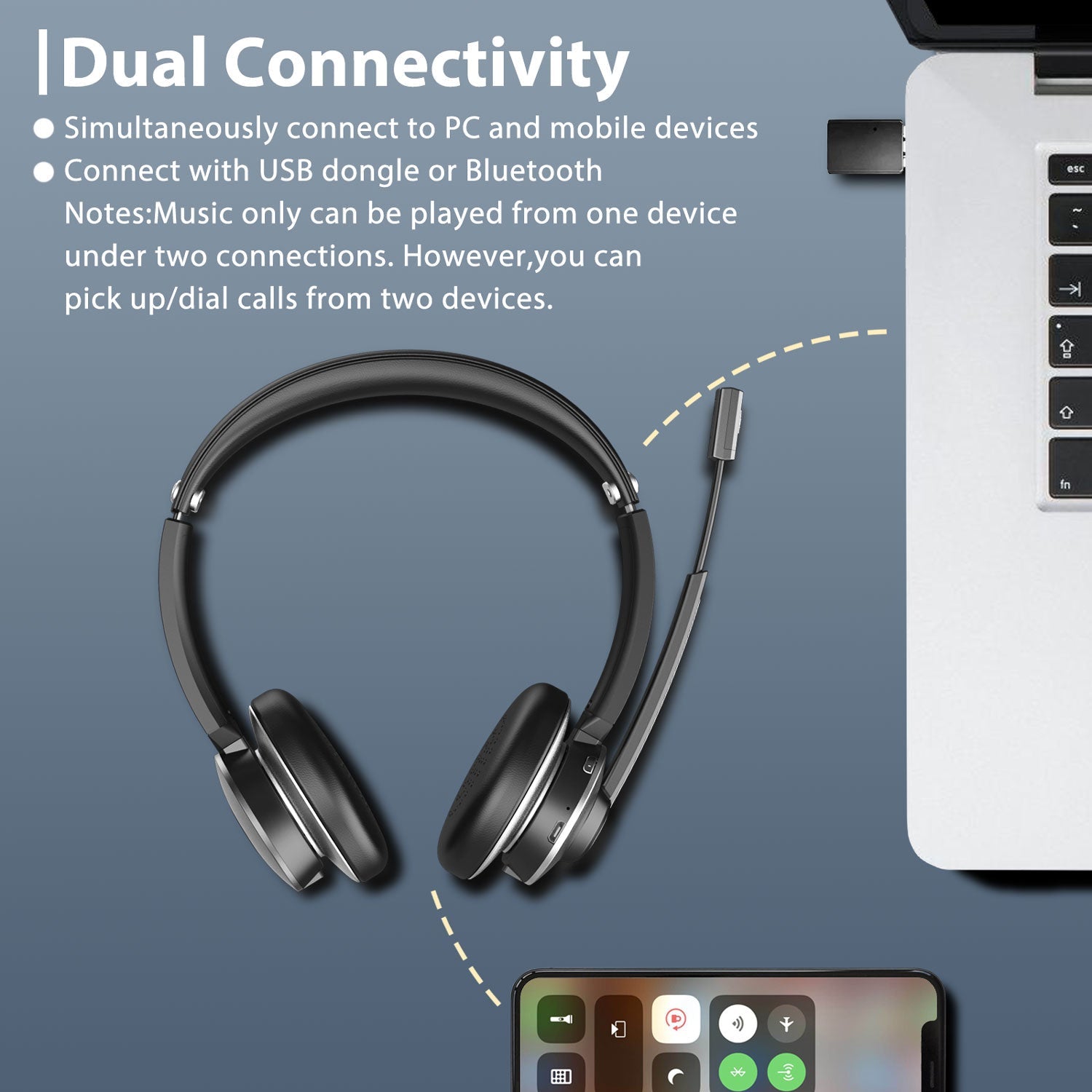 Dual connectivity,Simultaneously connect to PC and mobile devices,Connect with USB dongle or bluetooth,Notes:Music only can be played from one device,Under two connections,However you can pick up/dial calls from two devices.