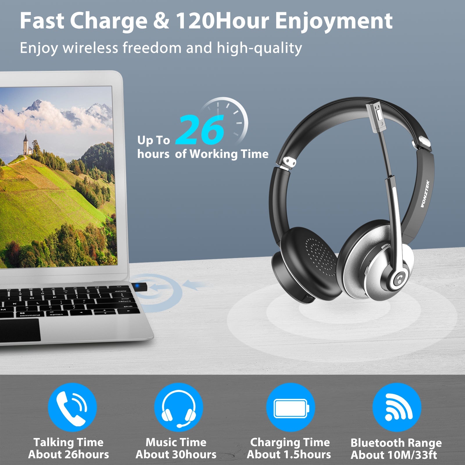 Fast charge & 120hour enjoyment,Enjoy wireless freedom and high-quality,up to 26 hours of working time ,talking time about 26 hours,Music time about 30hours,Charging time about 1.5hours,Bluetooth range about 10M/33ft.