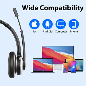 Trucker Bluetooth Headset,Wireless Headset with Microphone V5.3 with Noise Canceling Microphone & USB Dongle,Bluetooth Headset 28Hrs Working Time for Office Computer Work Cell Phone Black Silver