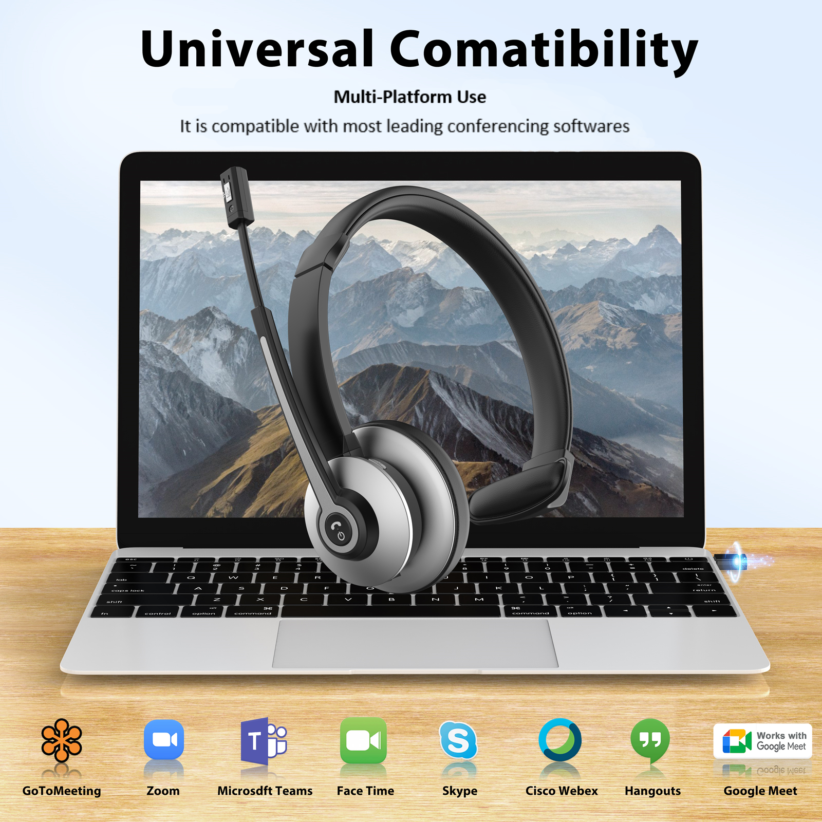 Trucker Bluetooth Headset,Wireless Headset with Microphone V5.3 with Noise Canceling Microphone & USB Dongle,Bluetooth Headset 28Hrs Working Time for Office Computer Work Cell Phone Black Silver