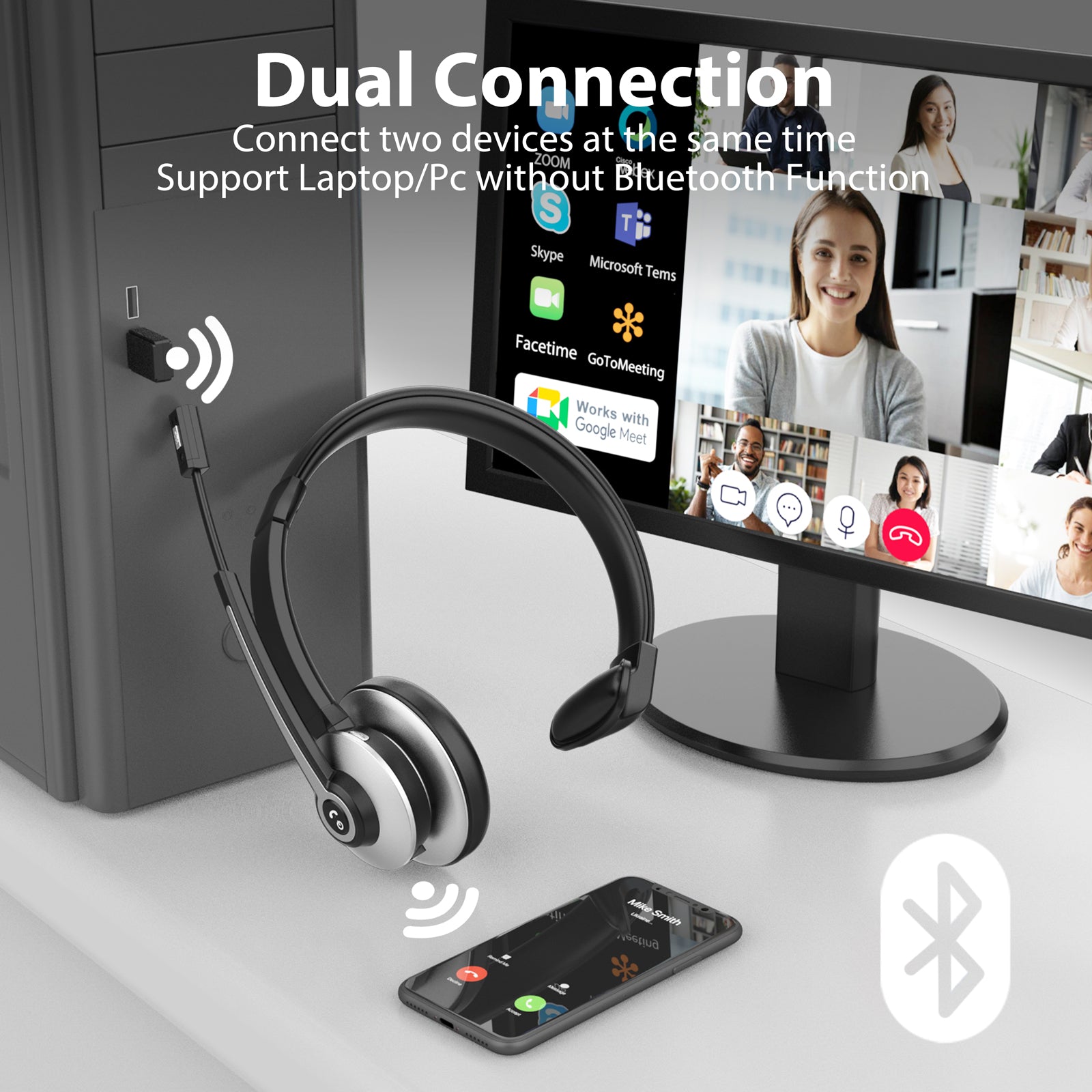 Trucker Bluetooth Headset,Wireless Headset with Microphone V5.3 with Noise Canceling Microphone & USB Dongle,Bluetooth Headset 28Hrs Working Time for Office Computer Work Cell Phone Black Silver