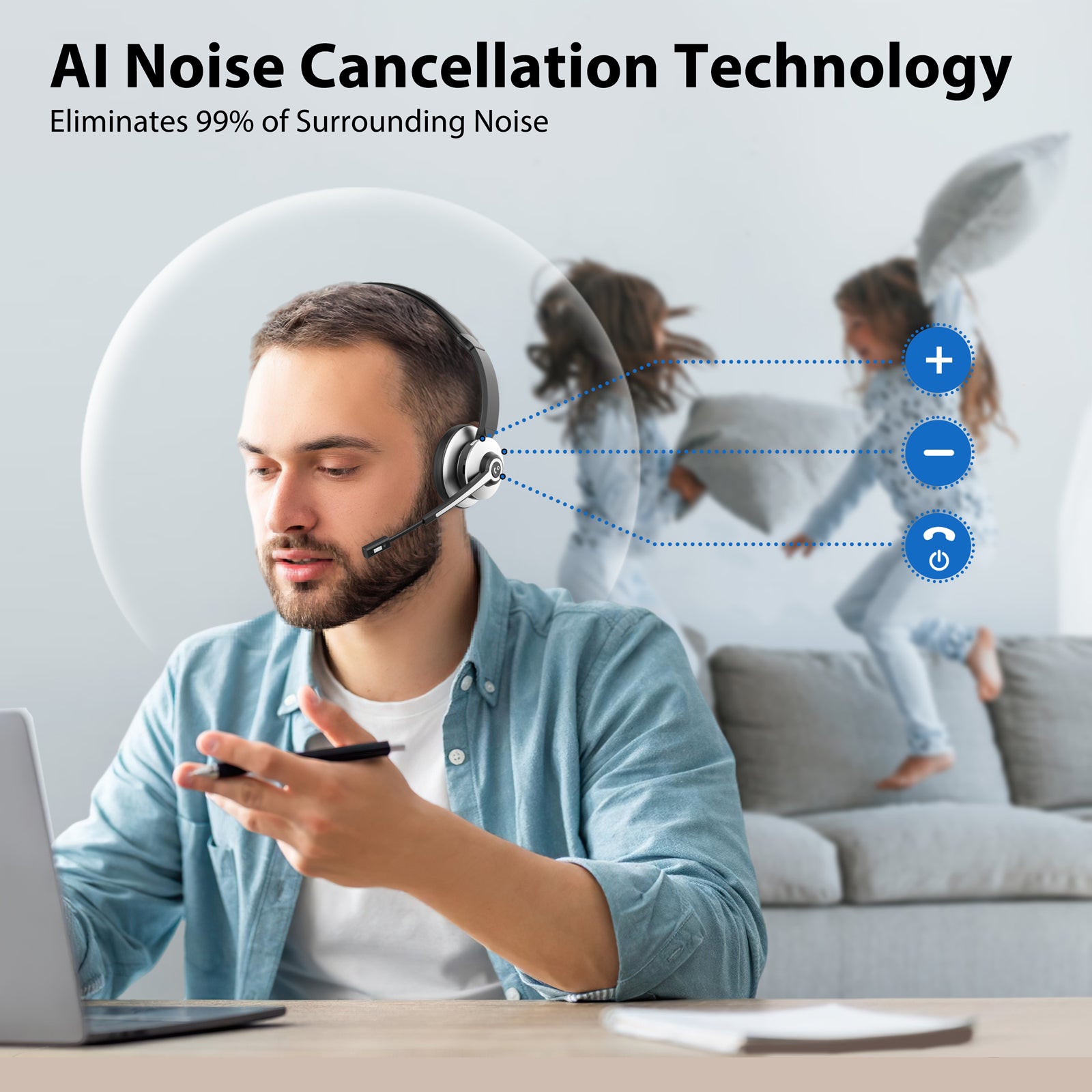 Trucker Bluetooth Headset,Wireless Headset with Microphone V5.3 with Noise Canceling Microphone & USB Dongle,Bluetooth Headset 28Hrs Working Time for Office Computer Work Cell Phone Black Silver