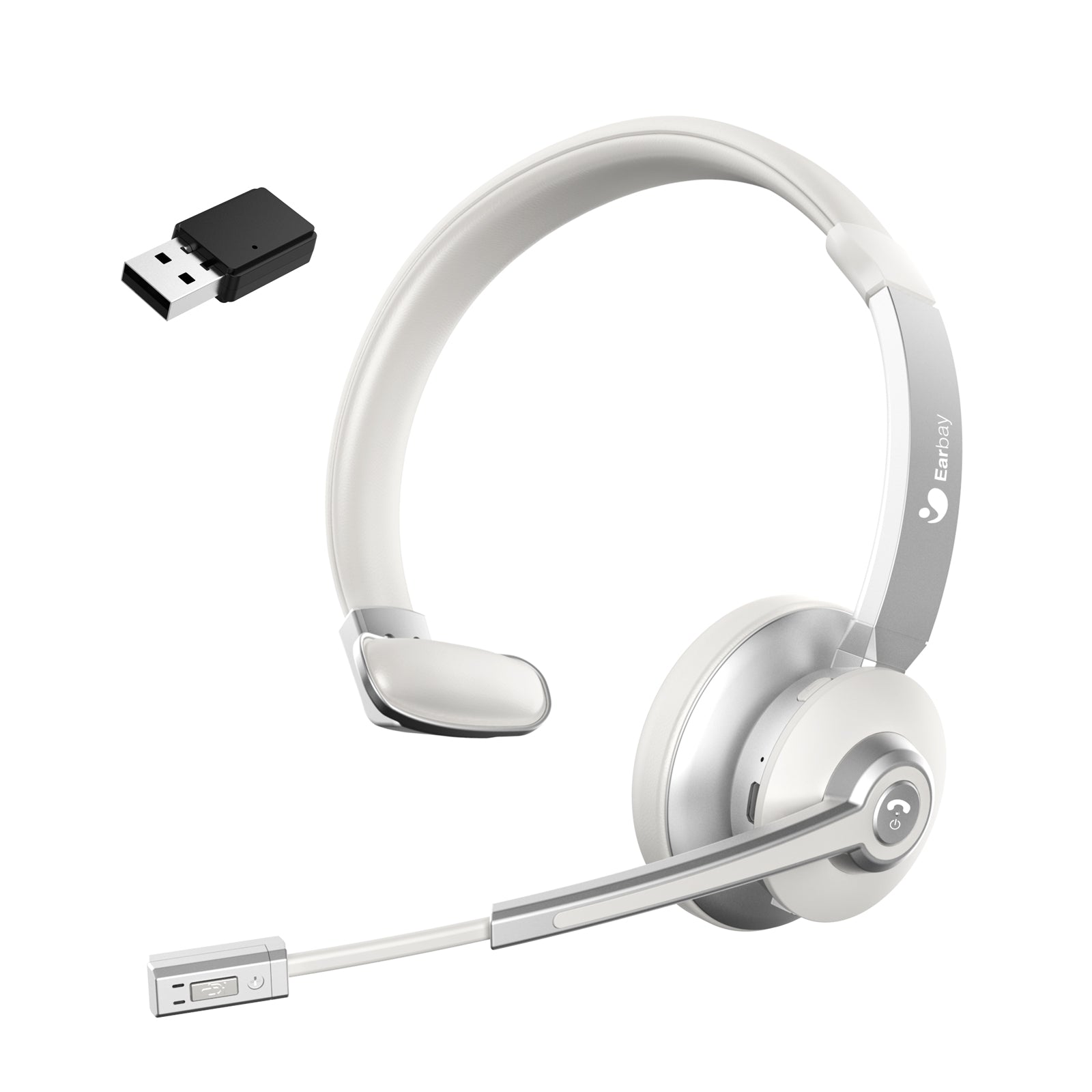 Earbay White Trucker Bluetooth Headset with Microphone, USB Dongle BT783MB-D