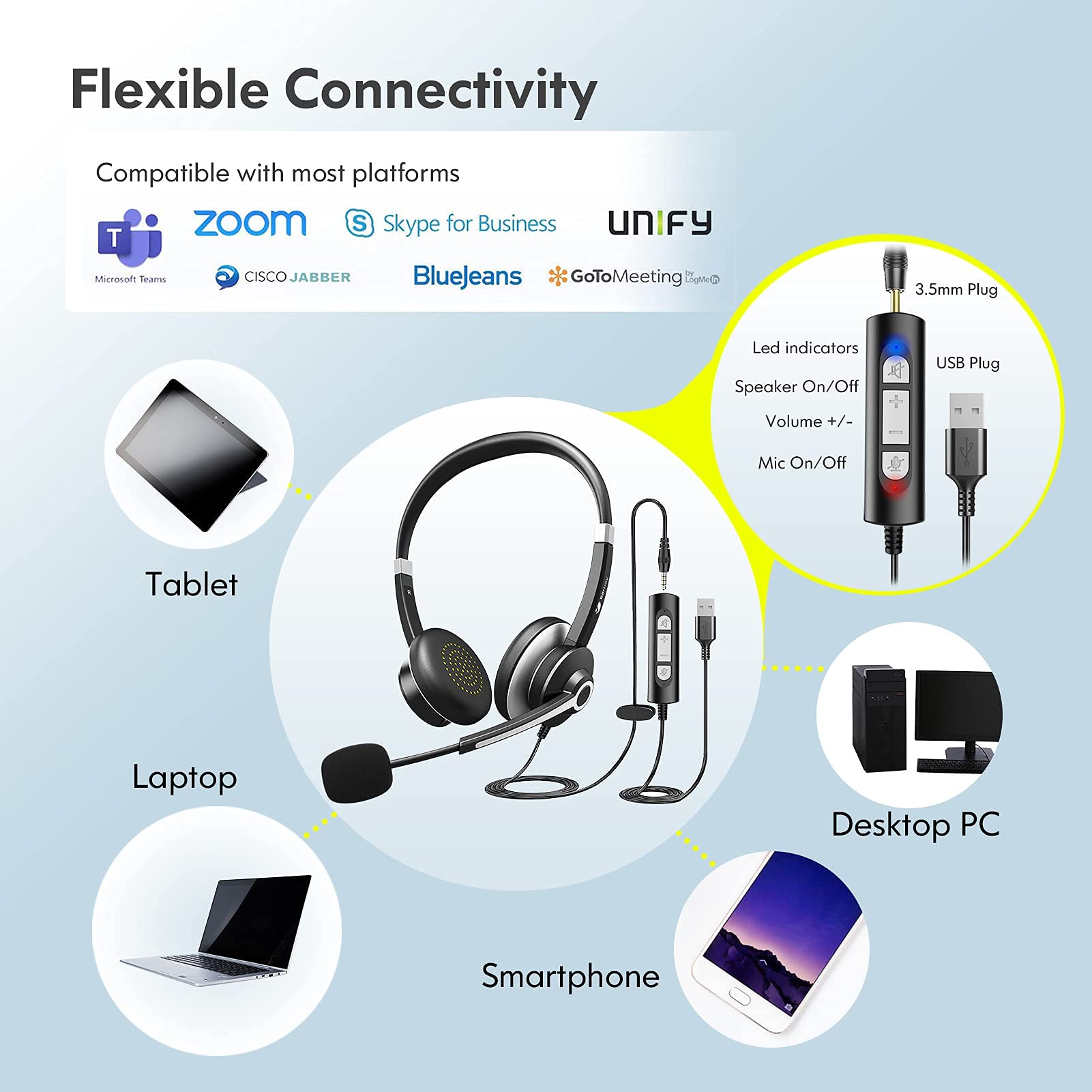 Earbay Black Silver USB Headset with Microphone 3.5mm Jack C682-U3