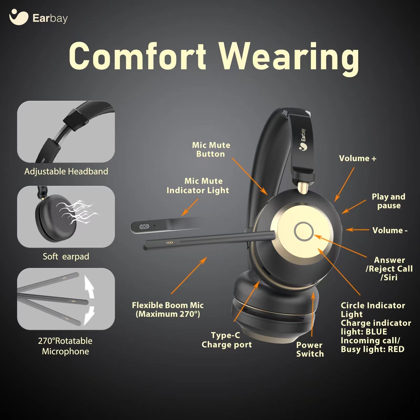 Earbay Black Gold Bluetooth Headset with Microphone, USB Dongle & Charging Dock BT882CD-G
