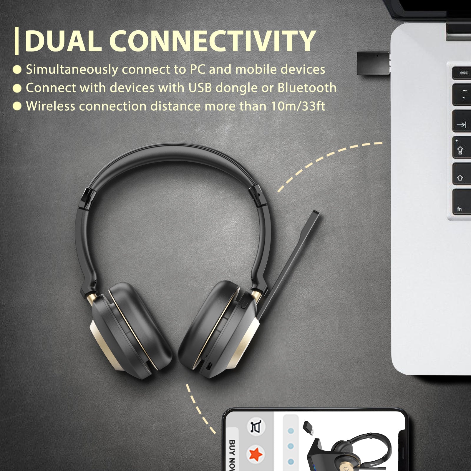 Earbay Black Gold Bluetooth Headset with Microphone, USB Dongle & Charging Dock BT882CD-G