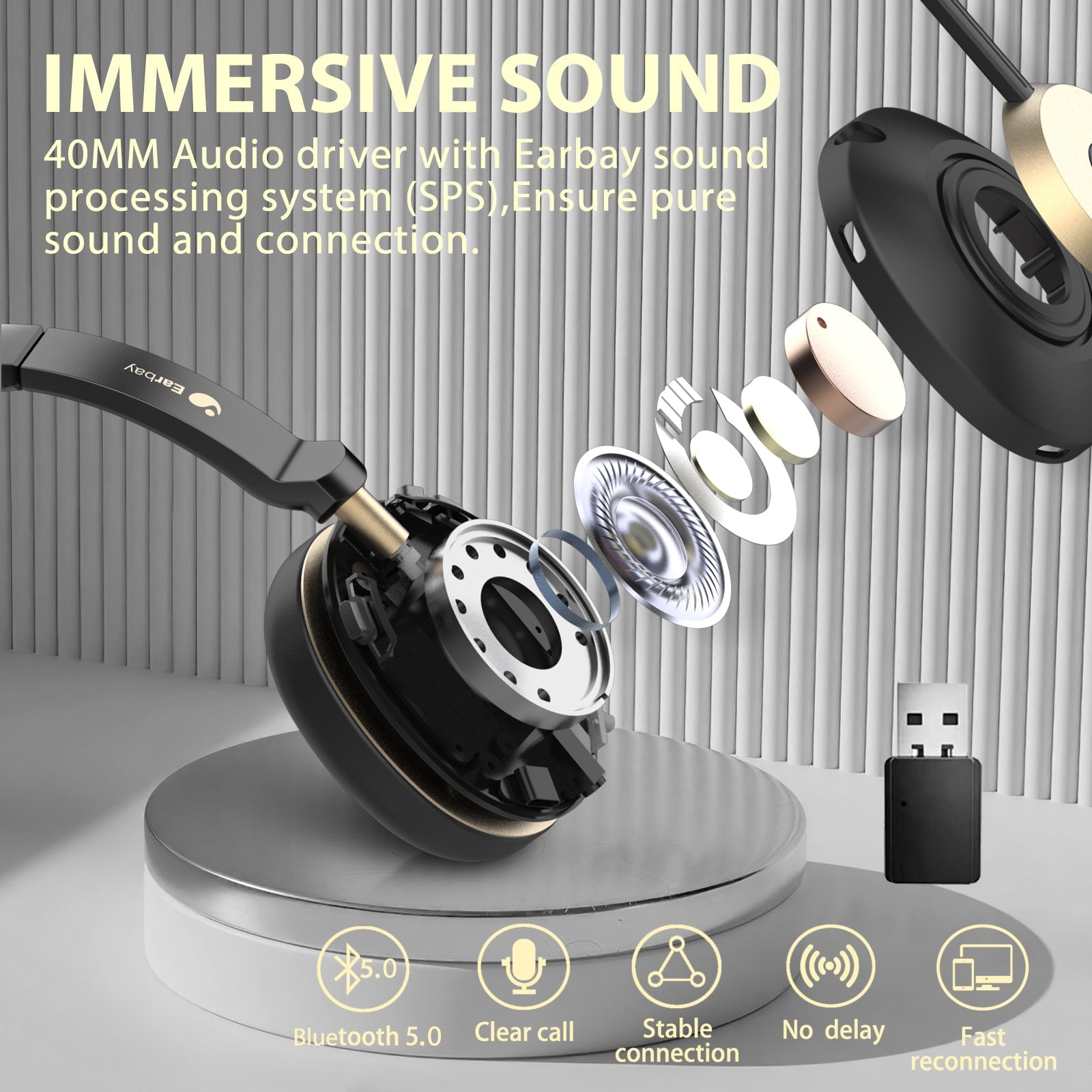 Earbay Black Gold Bluetooth Headset with Microphone, USB Dongle & Charging Dock BT882CD-G