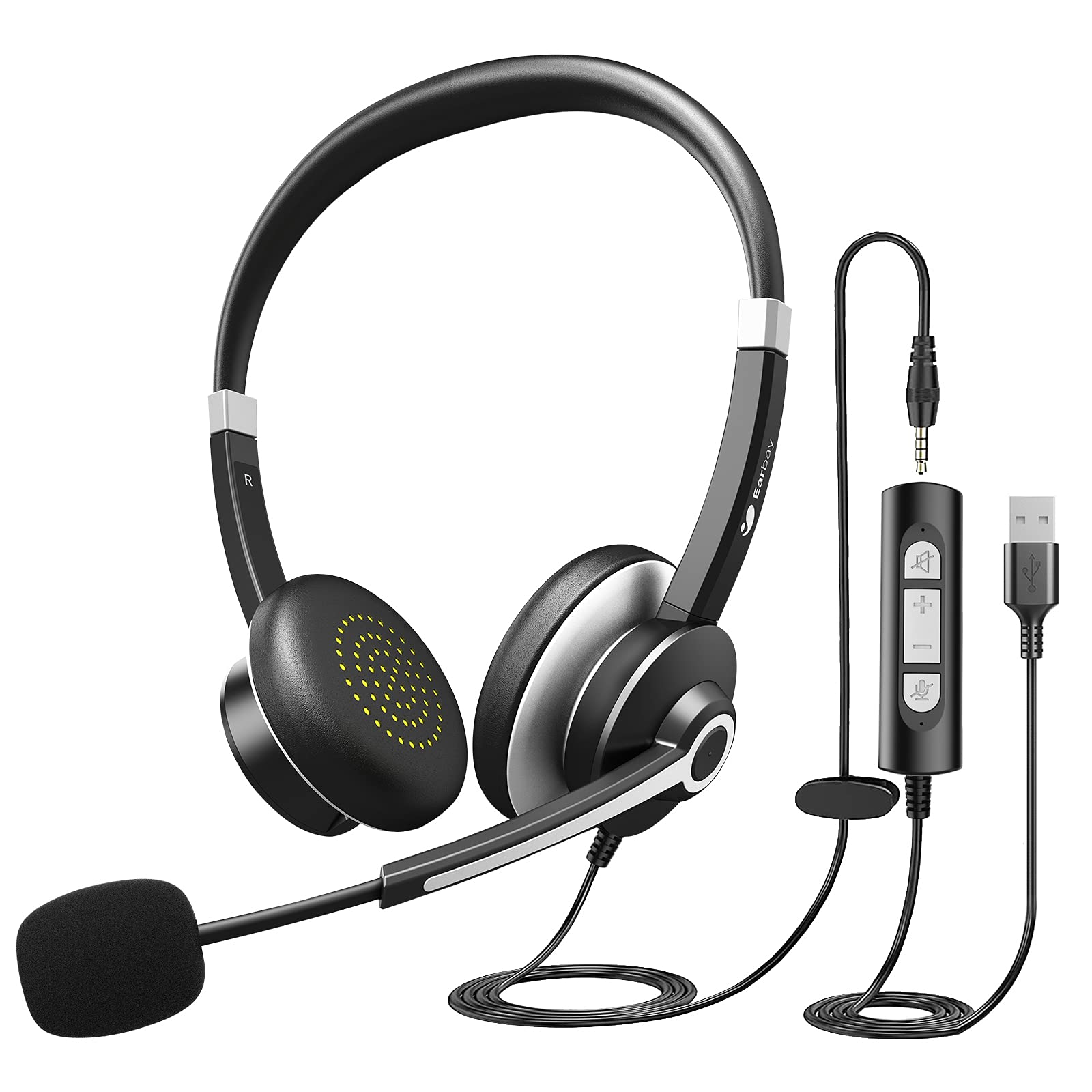 Earbay Black Silver USB Headset with Microphone 3.5mm Jack C682-U3