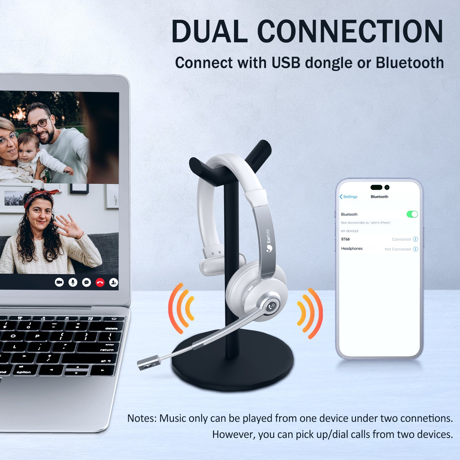 Earbay White Trucker Bluetooth Headset with Microphone, USB Dongle BT783MB-D