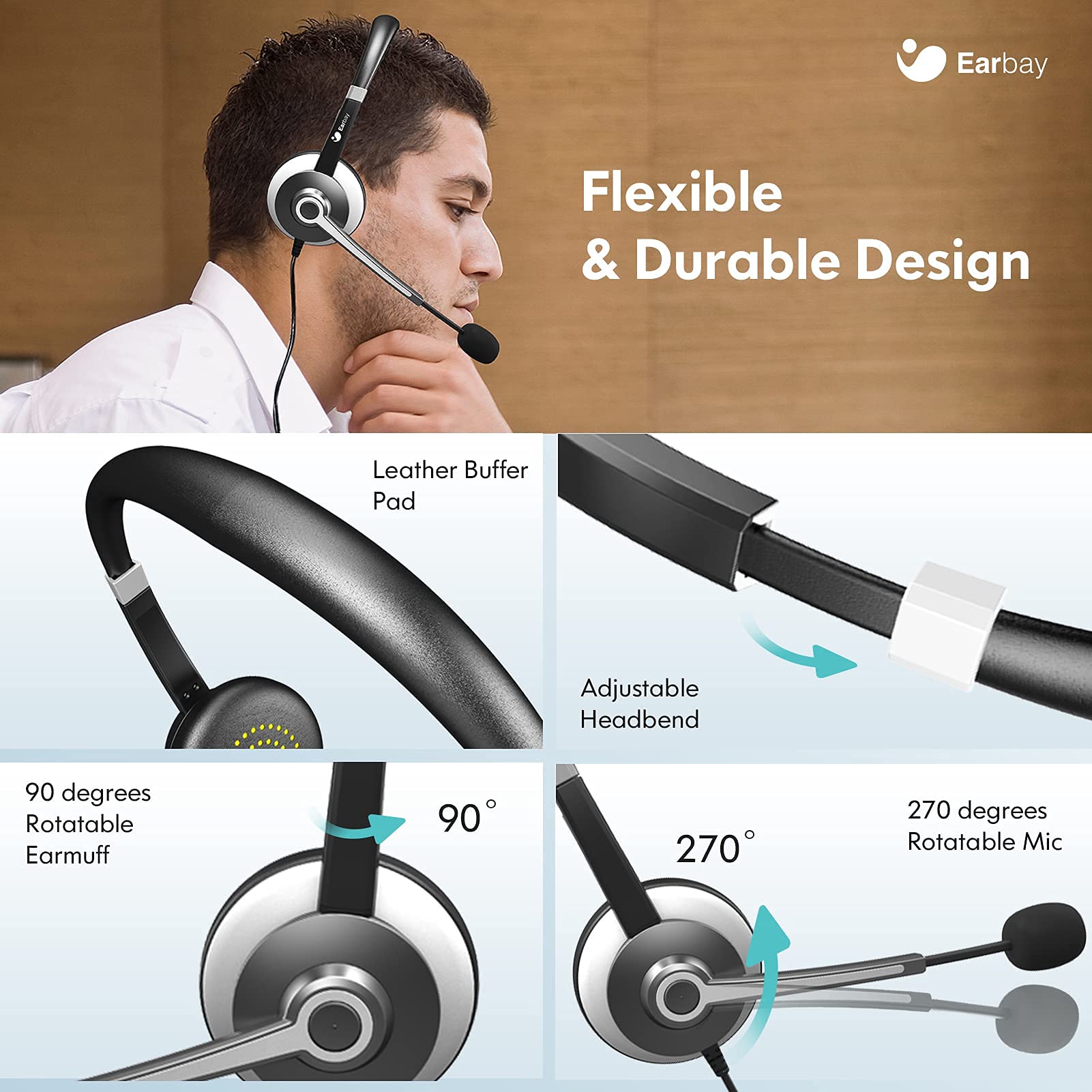 Earbay Black Silver USB Headset with Microphone 3.5mm Jack C682-U3