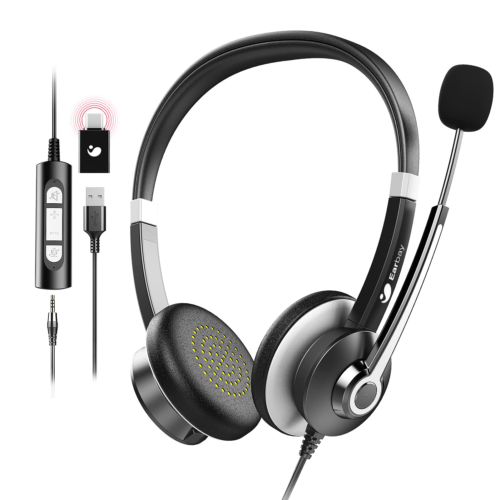 Earbay USB Headset With Microphone 3.5mm Jack & USB Type-C Adapter C688UC