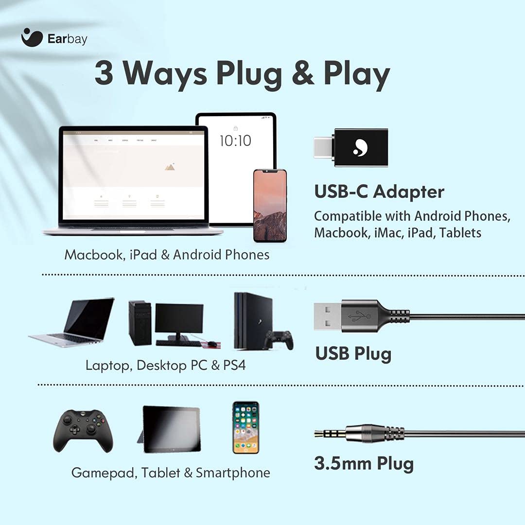 Earbay USB Headset With Microphone 3.5mm Jack & USB Type-C Adapter C688UC