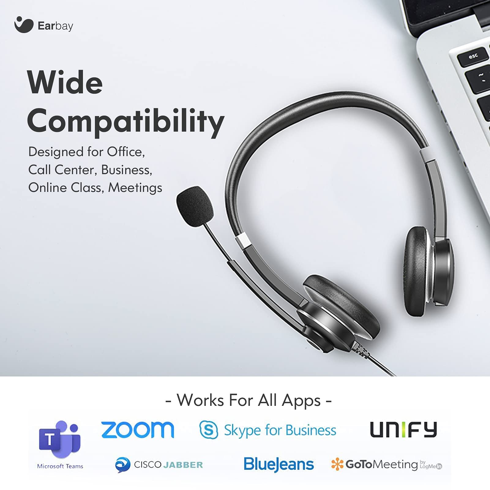 Earbay USB Headset With Microphone 3.5mm Jack & USB Type-C Adapter C688UC
