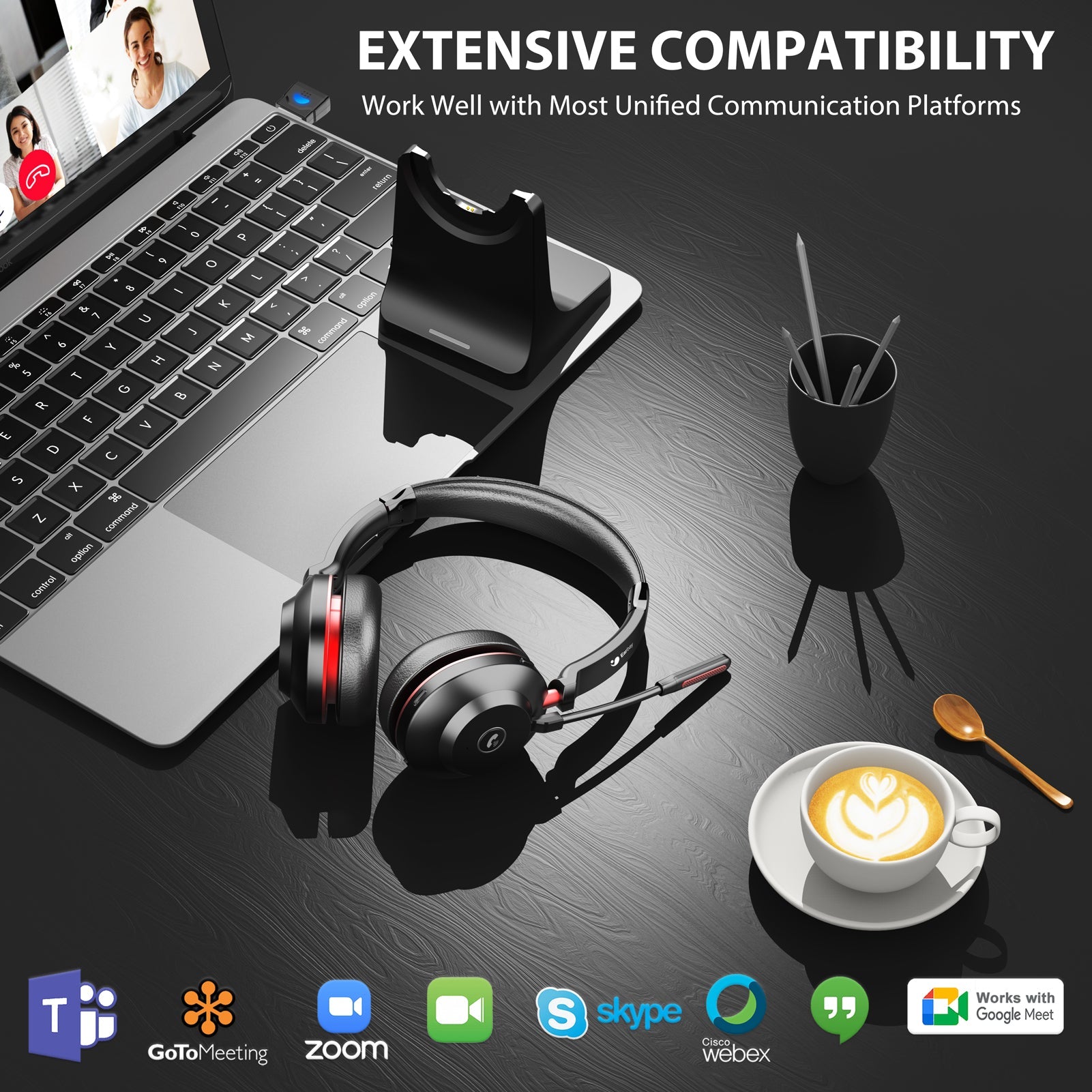 Earbay Black Red Bluetooth Headset with Microphone, USB Dongle & Charging Base (Qualcomm 3024 Chip)