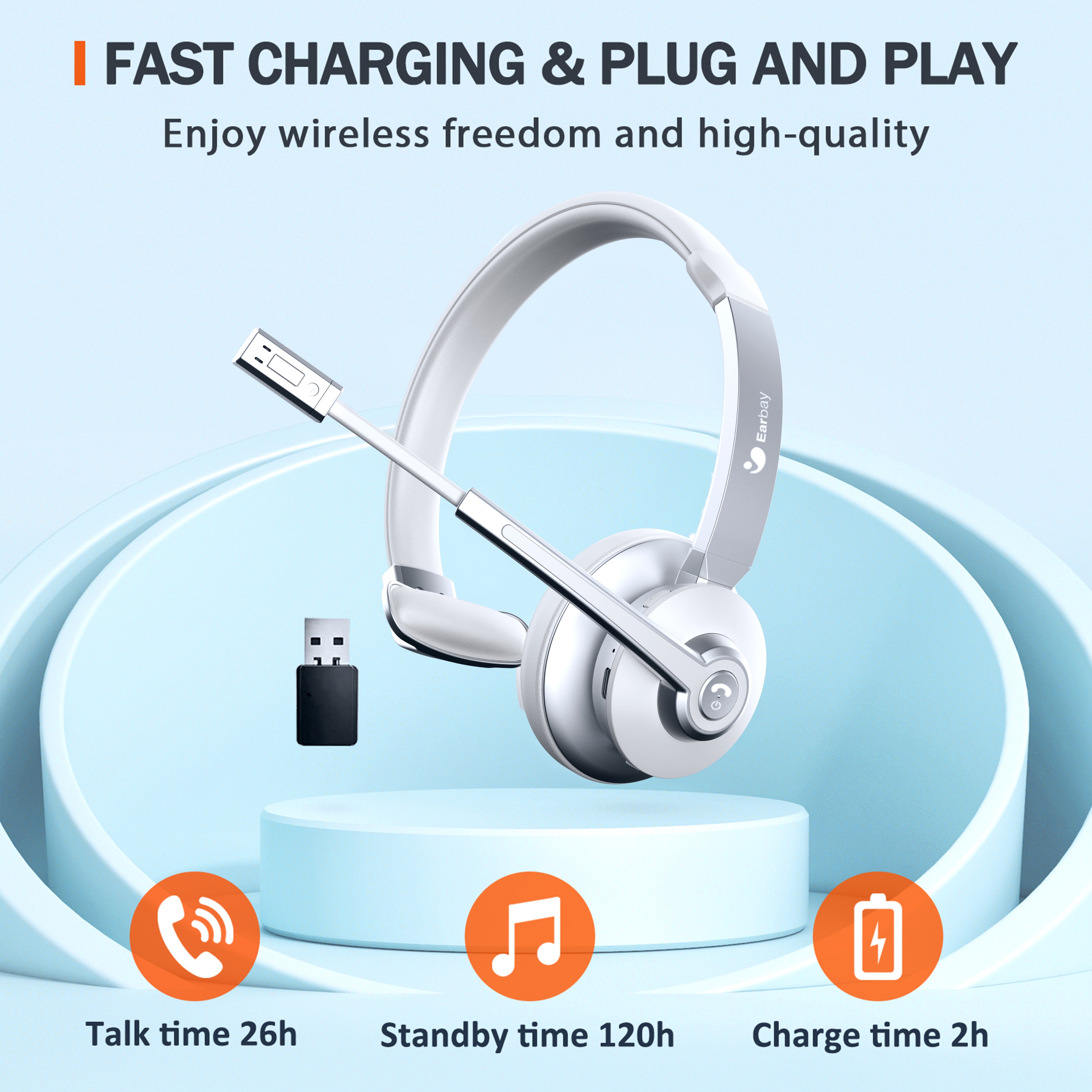 Earbay White Trucker Bluetooth Headset with Microphone, USB Dongle BT783MB-D