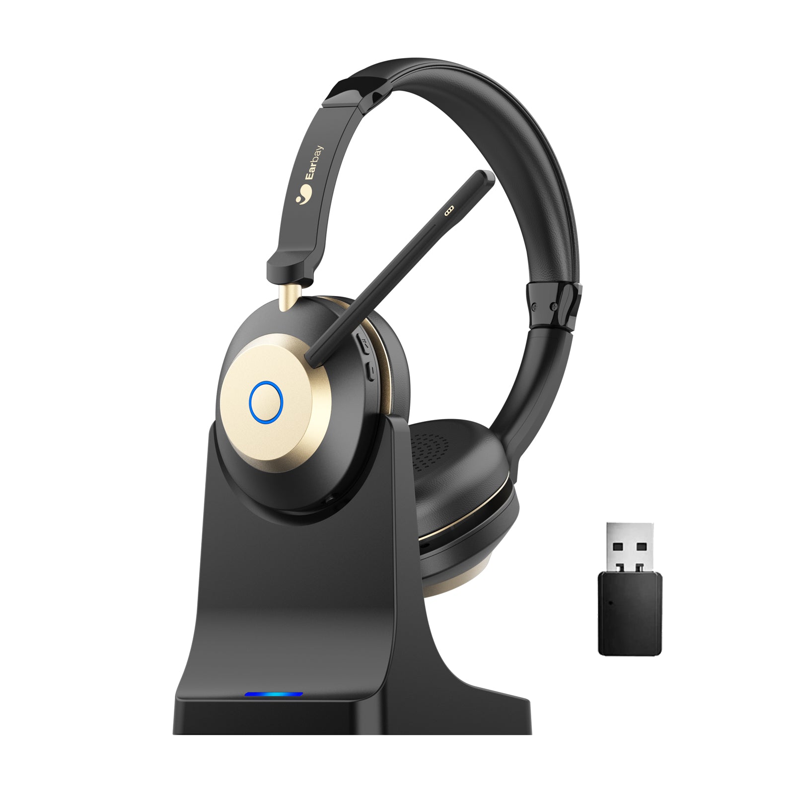 Earbay Black Gold Bluetooth Headset with Microphone USB Dongle Char