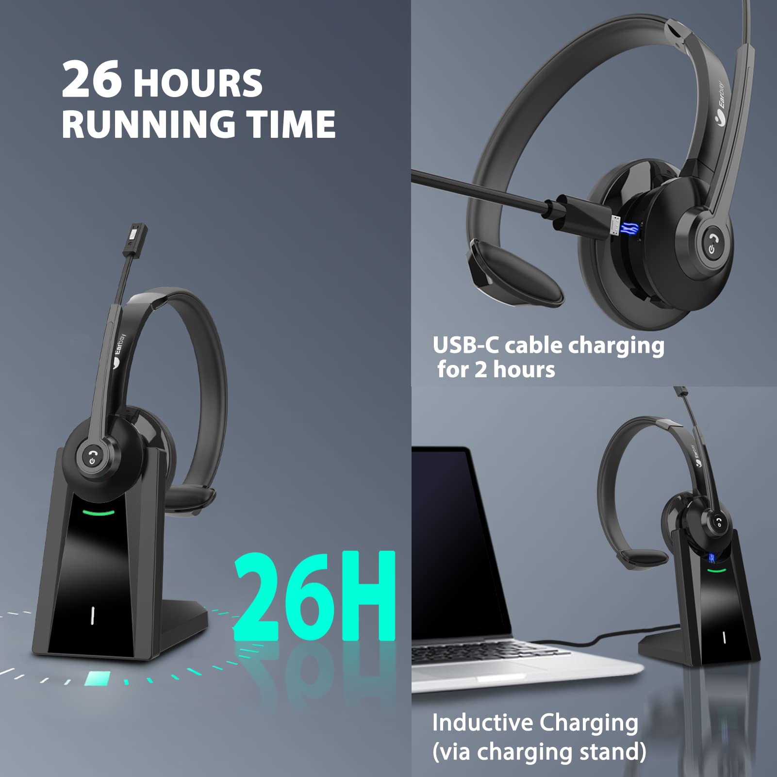 Earbay Trucker Bluetooth Headset with Microphone, USB Dongle & Charging Base BT783GH-D