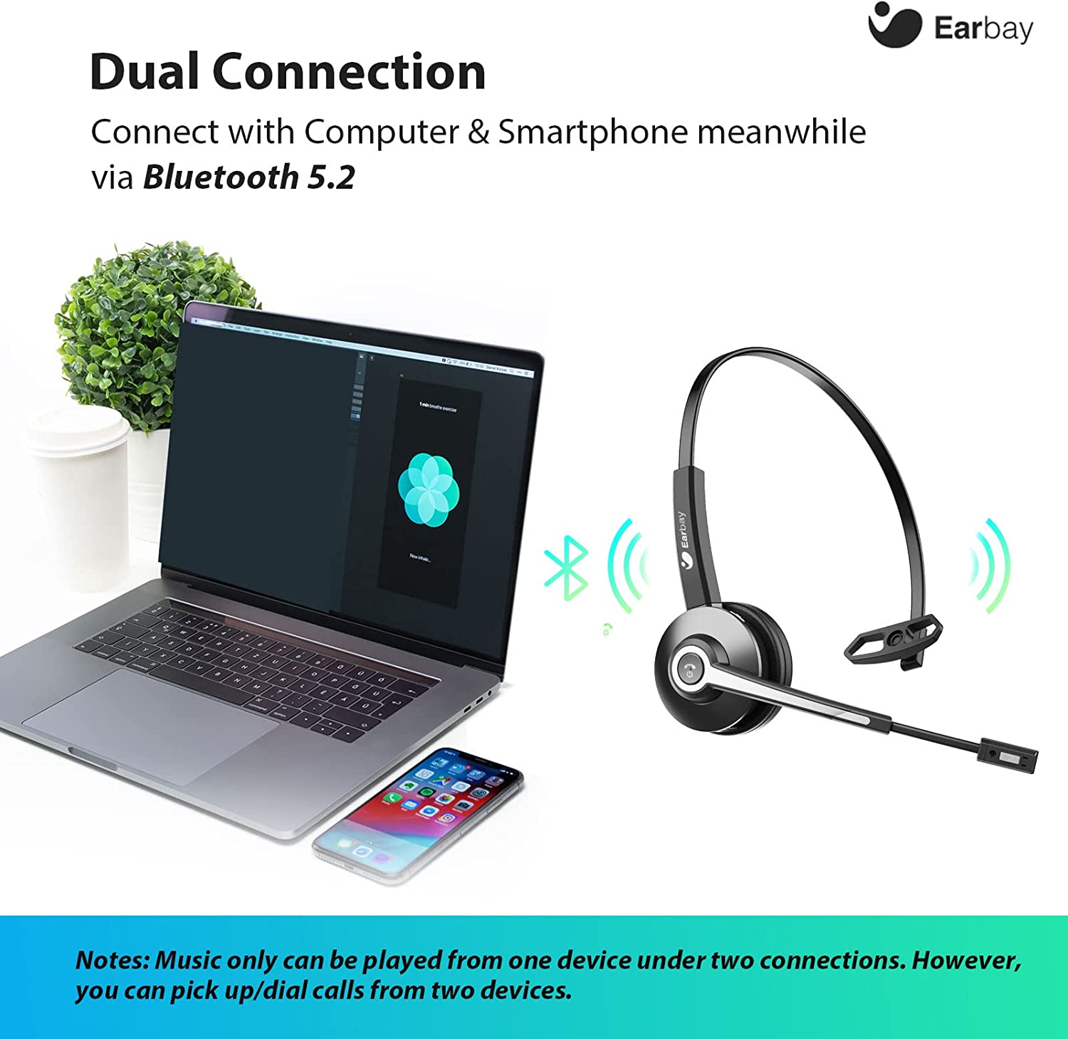 Earbay Trucker Wireless Headset with Microphone, USB Dongle & Charging Base BT681C-DG