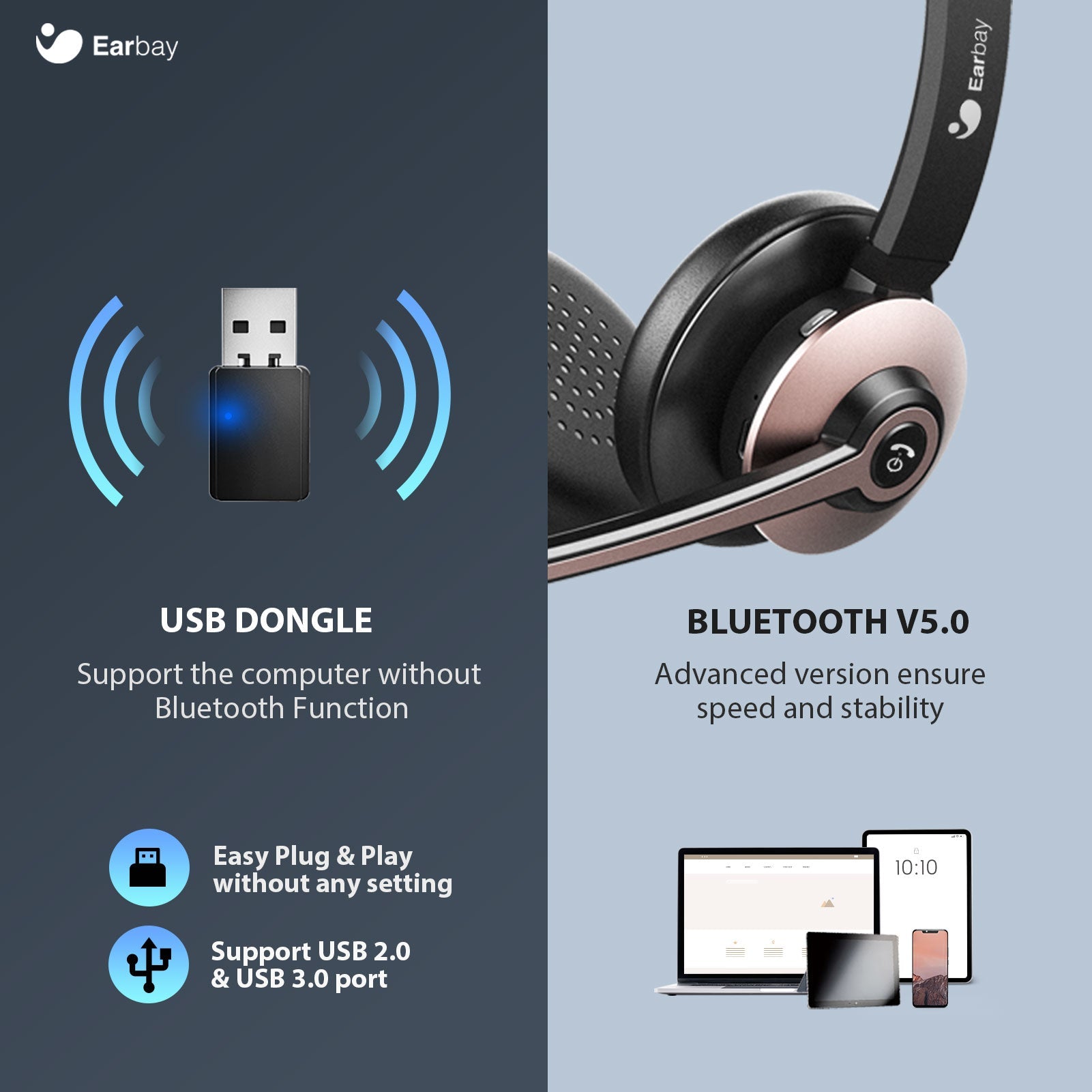 Earbay Rose Gold Bluetooth Headset with Microphone, USB Dongle BT782G-DG