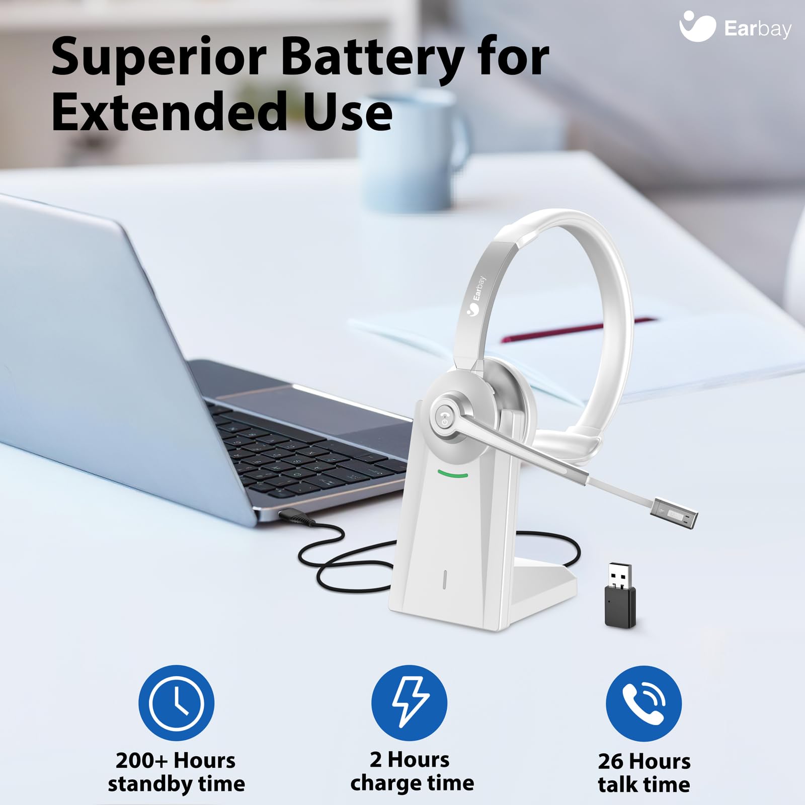 Earbay White Trucker Bluetooth Headset with Microphone, USB Dongle & Charging Base BT783MB-CD