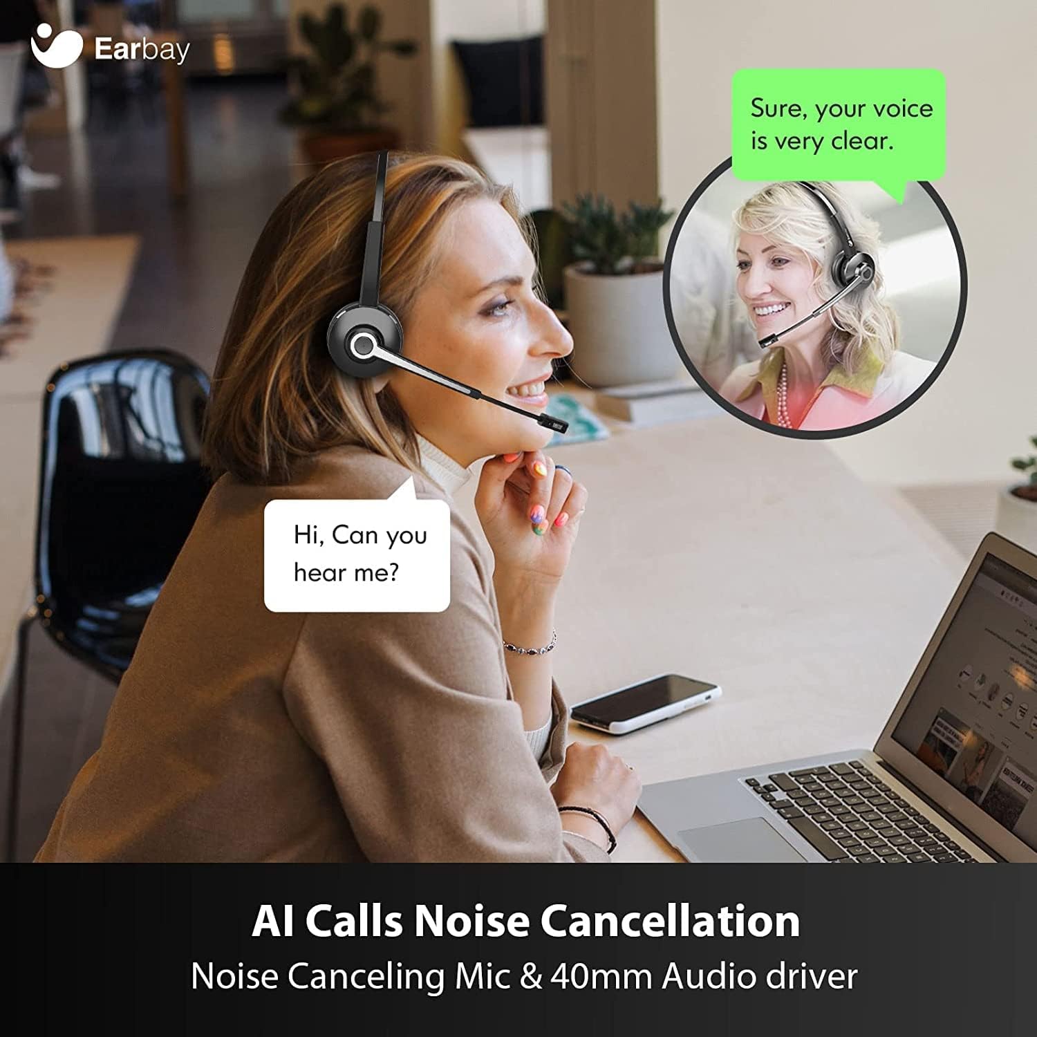 Earbay Trucker Wireless Headset with Microphone, USB Dongle & Charging Base BT681C-DG